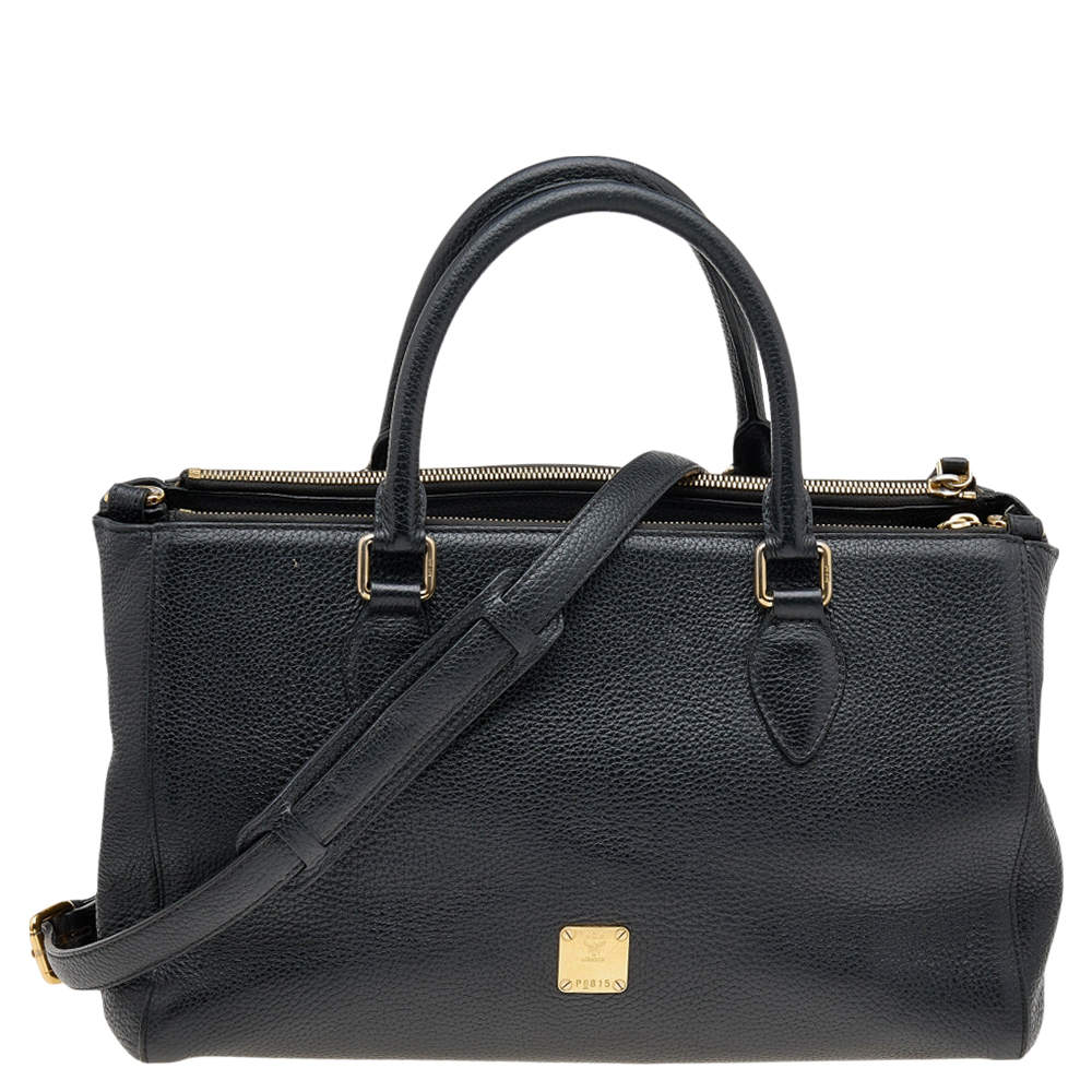 MCM Black Leather Double Zip Satchel