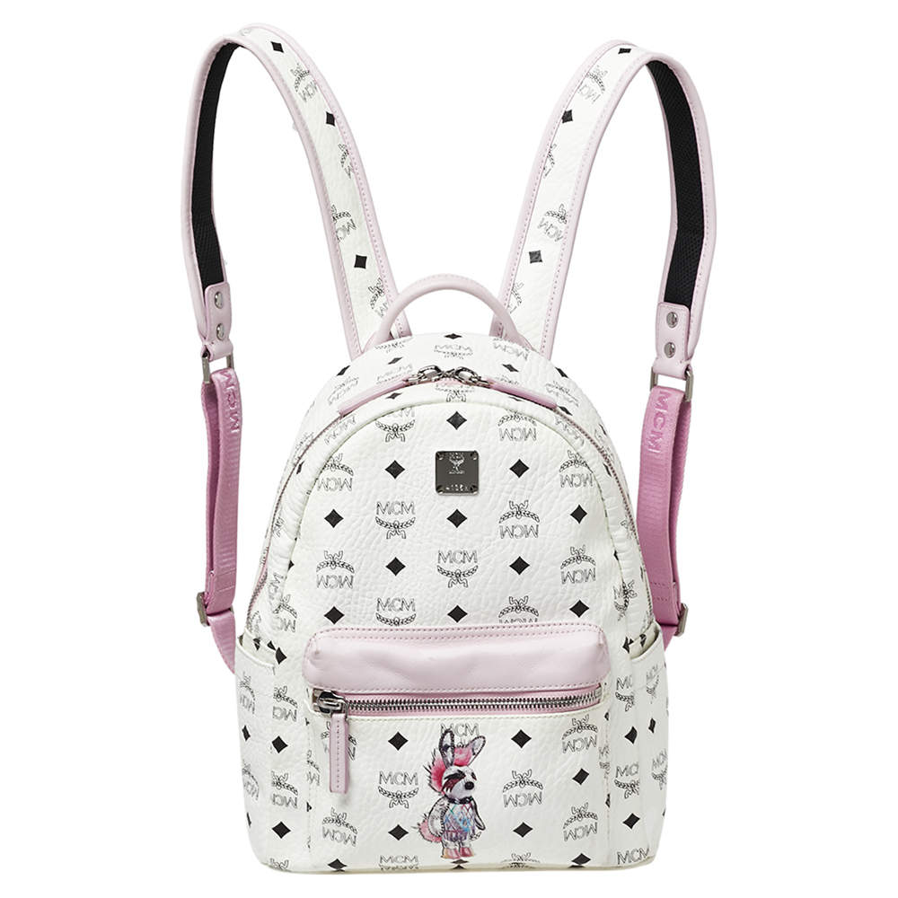 MCM White/Pink Visetos Rabbit Print Coated Canvas Small Stark Backpack