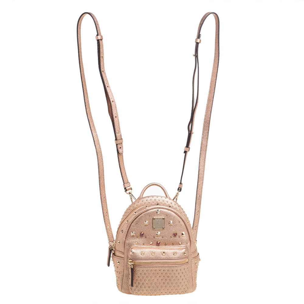 Pre Owned MCM Metallic Beige Leather XS Stark Studded Backpack