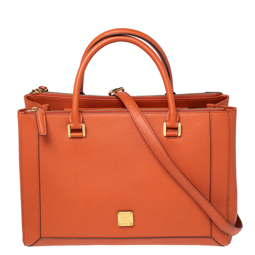 Pre Owned MCM Orange Leather Double Zip Tote