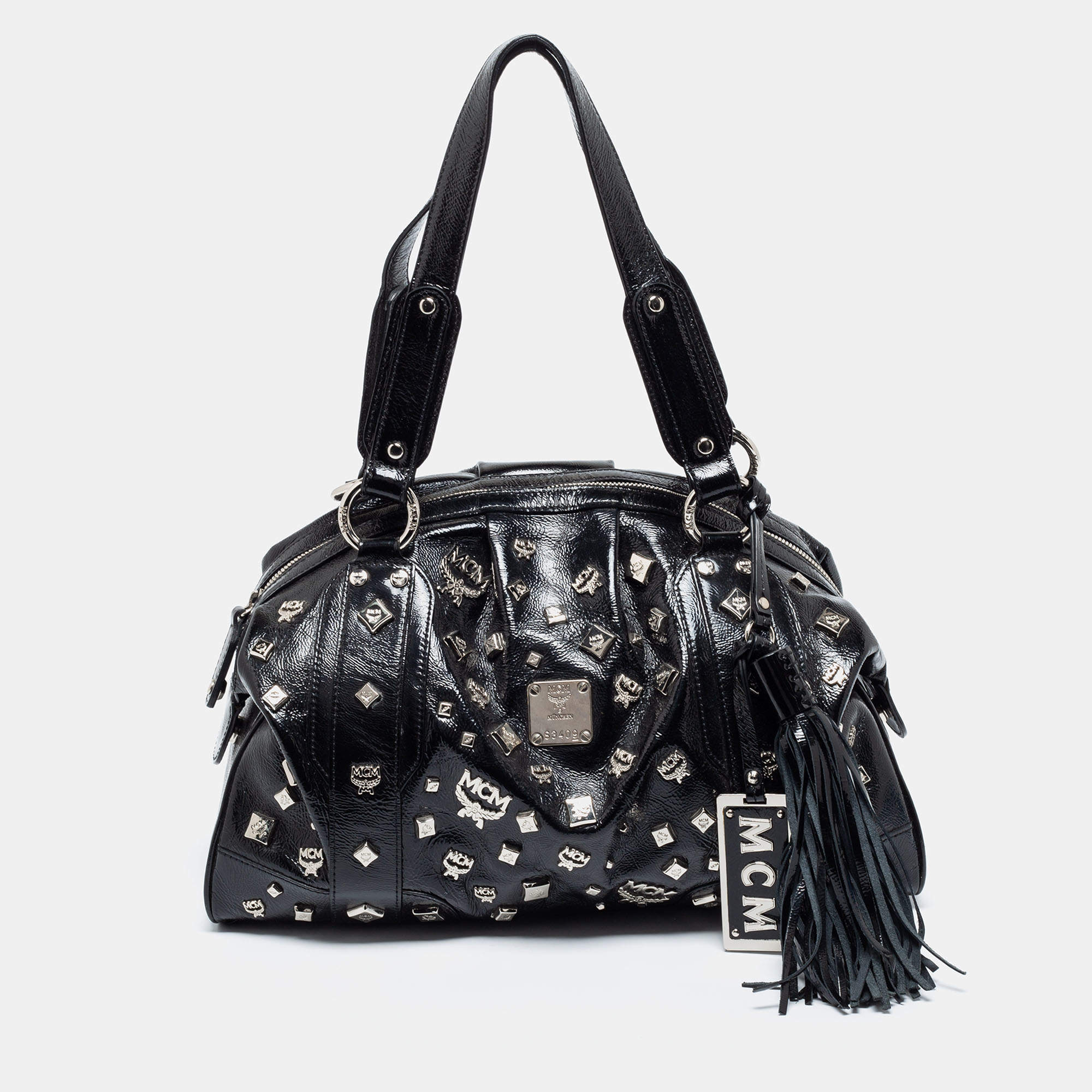 Pre Owned MCM Black Patent Leather Studded Fringe Satchel