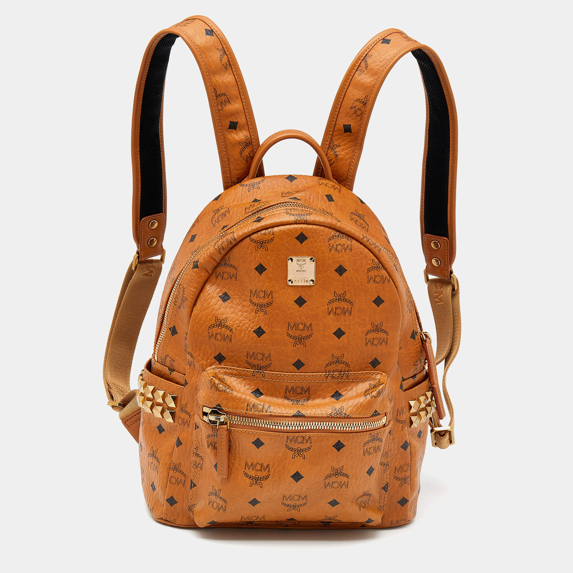 MCM Tan Coated Canvas And Leather Small Studded Stark Backpack