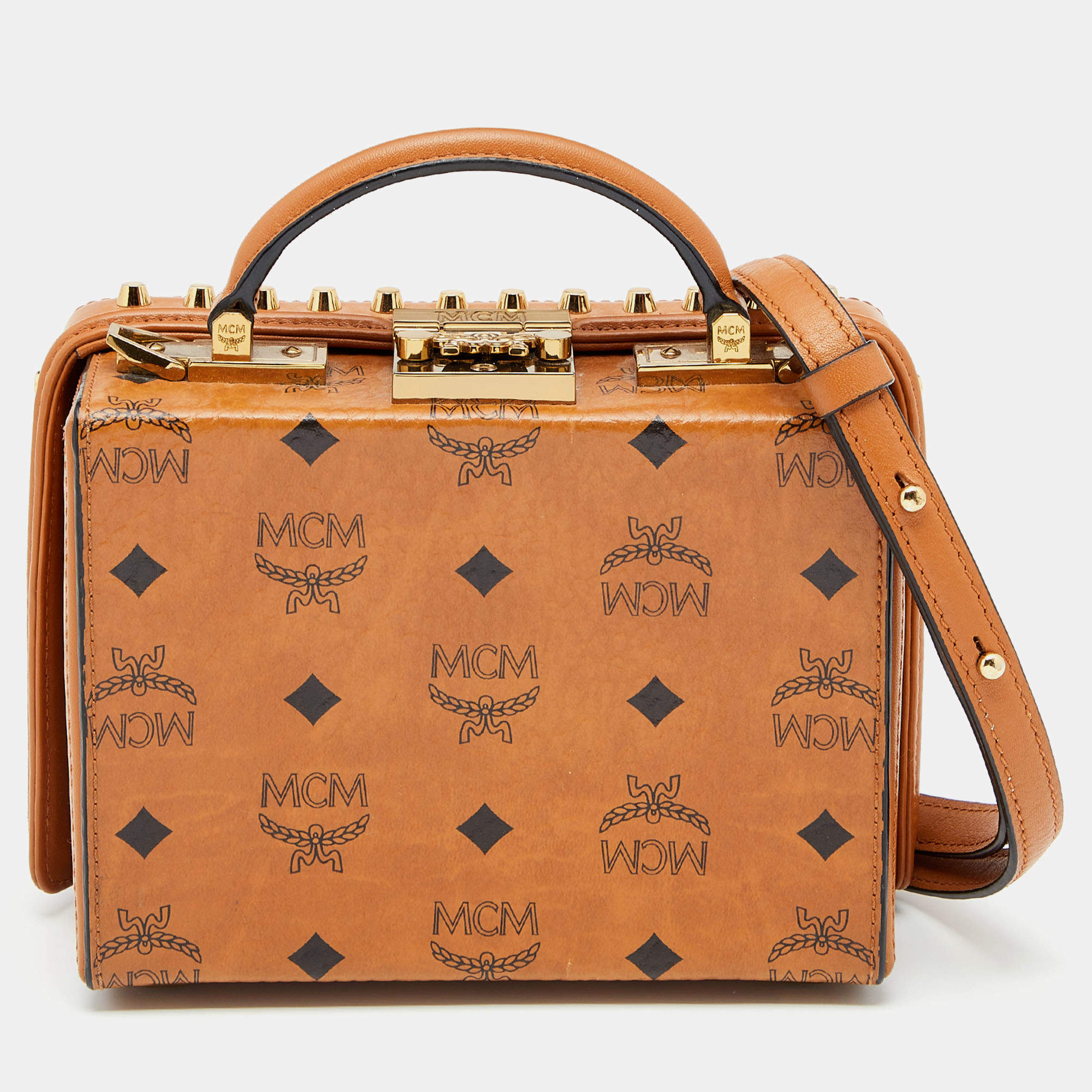 MCM Cognac Visetos Coated Canvas And Leather Berlin Box Bag