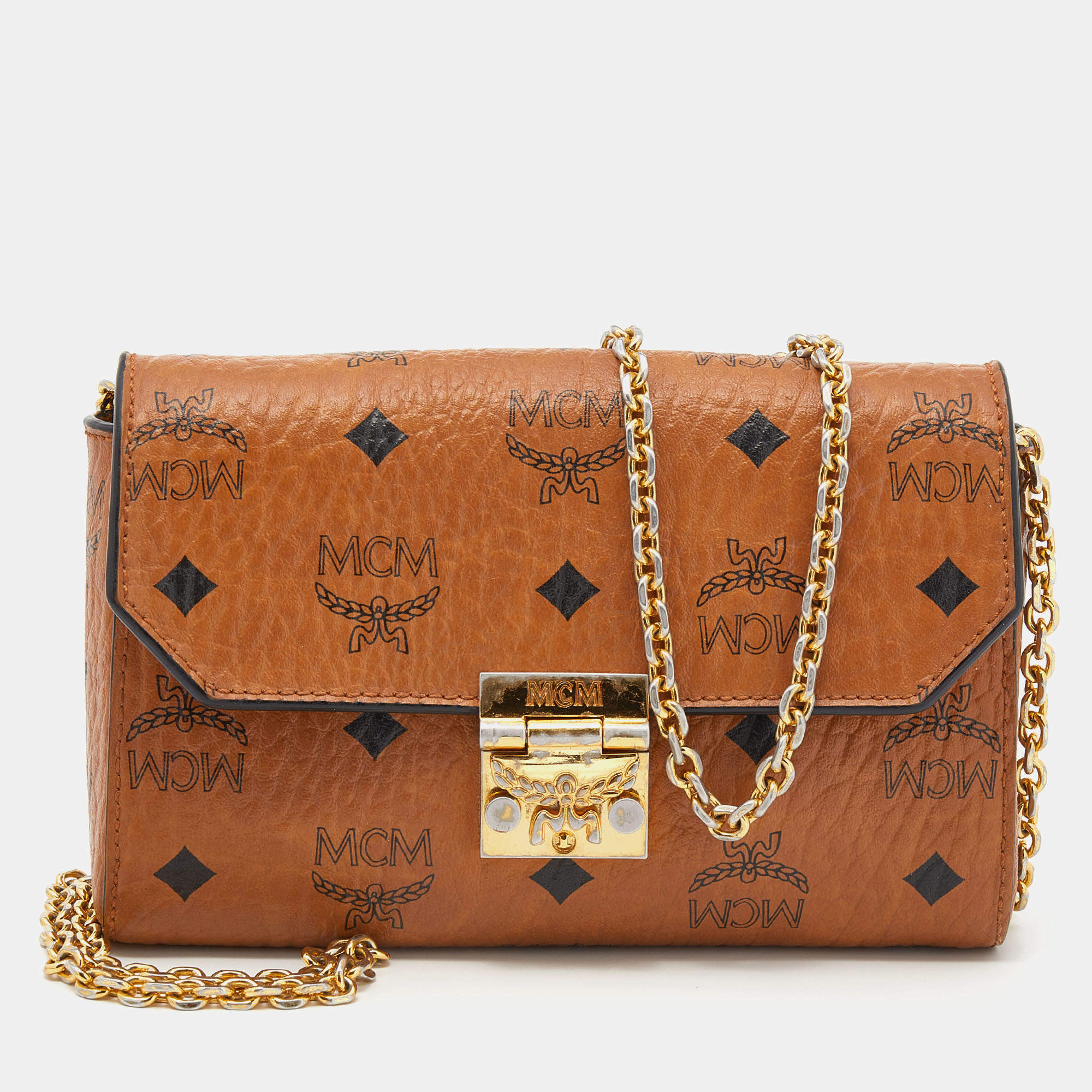 MCM Cognac Visetos Coated Canvas Patricia Wallet on Chain