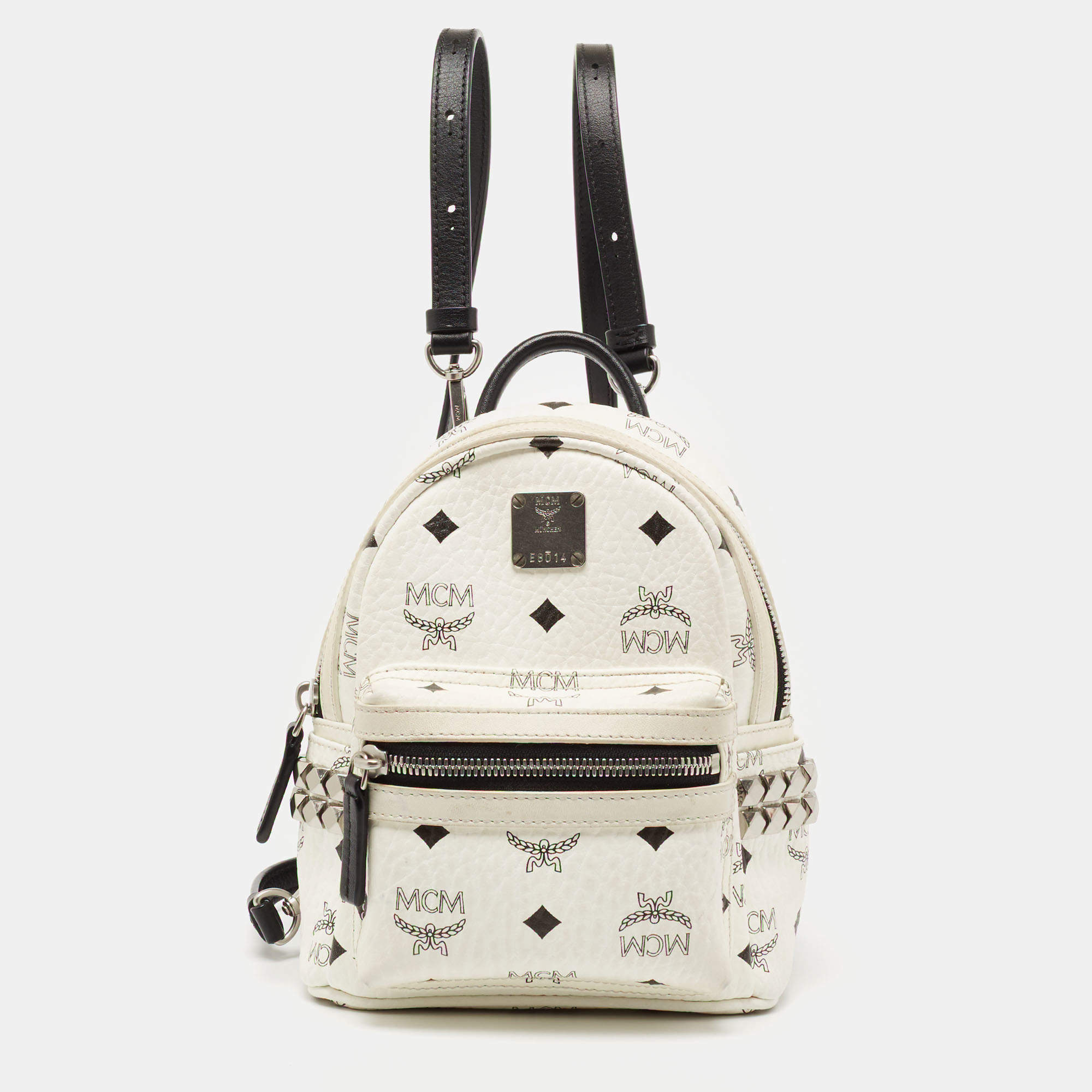 Pre Owned MCM White/Black Visetos Coated Canvas And Leather Mini Stark-Bebe Boo Backpack