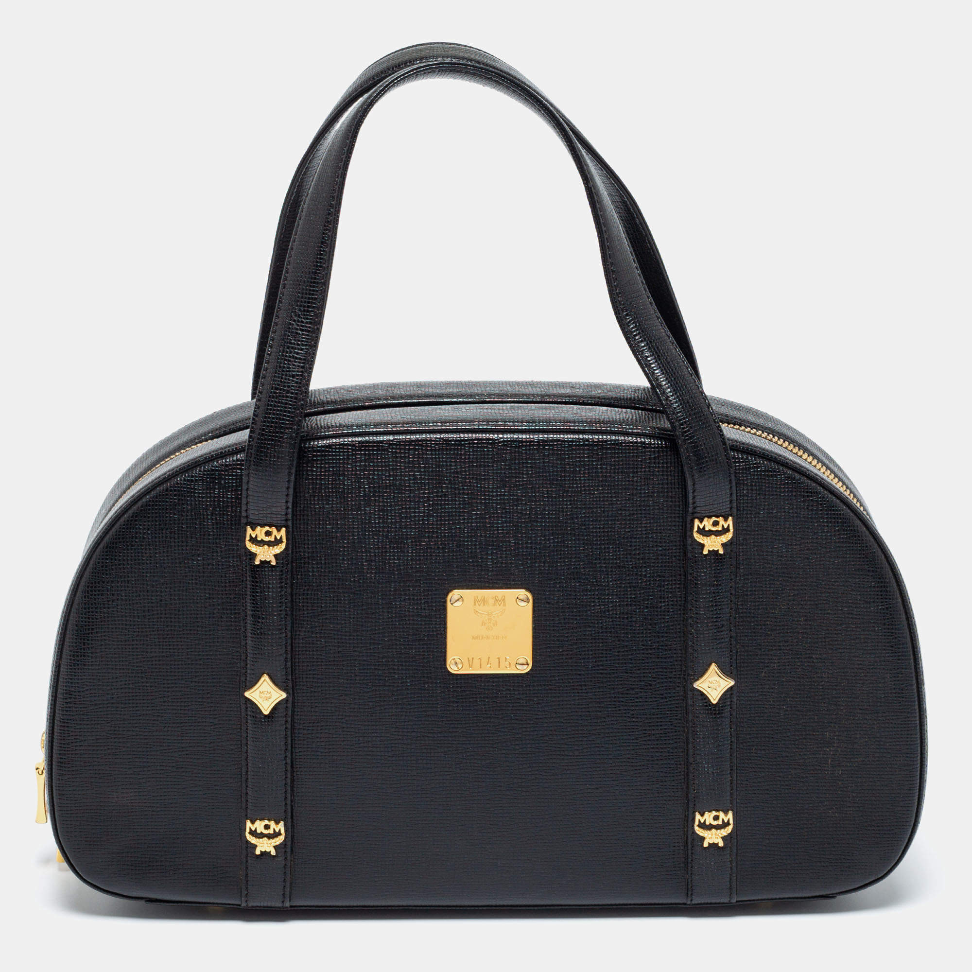 Pre Owned MCM Black Leather Motif Dome Satchel