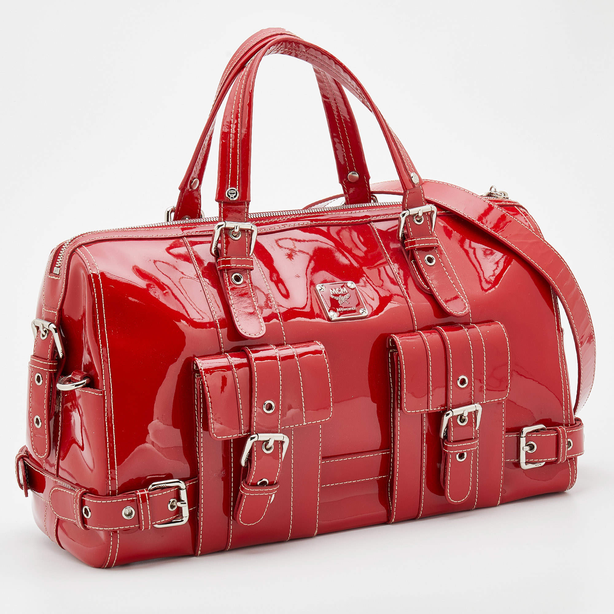 MCM Traveler Monogram print Duffle Bag Red Travel Leather Handbag Authentic  NE