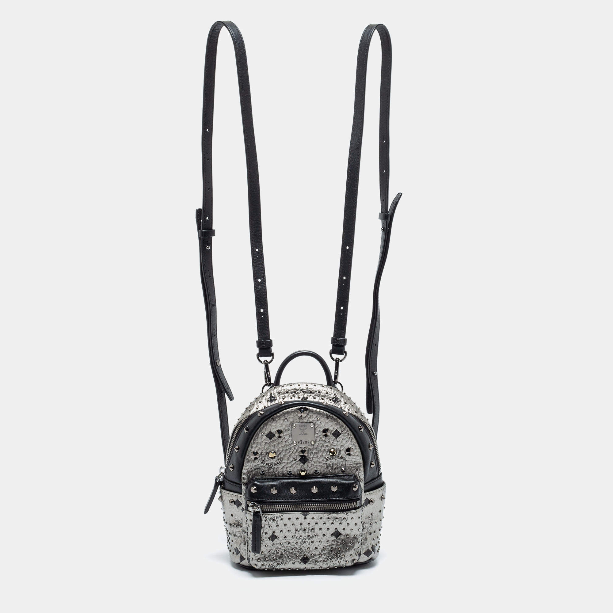 Pre Owned MCM  Silver/Black Monogram Leather Crystal Studded Backpack
