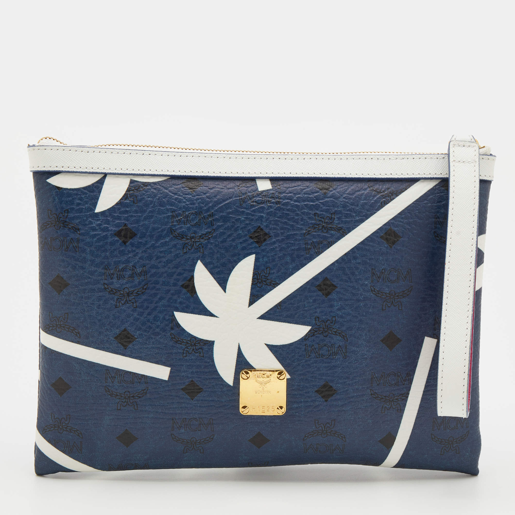 MCM Blue/White Printed Coated Canvas Zip Wristlet Clutch