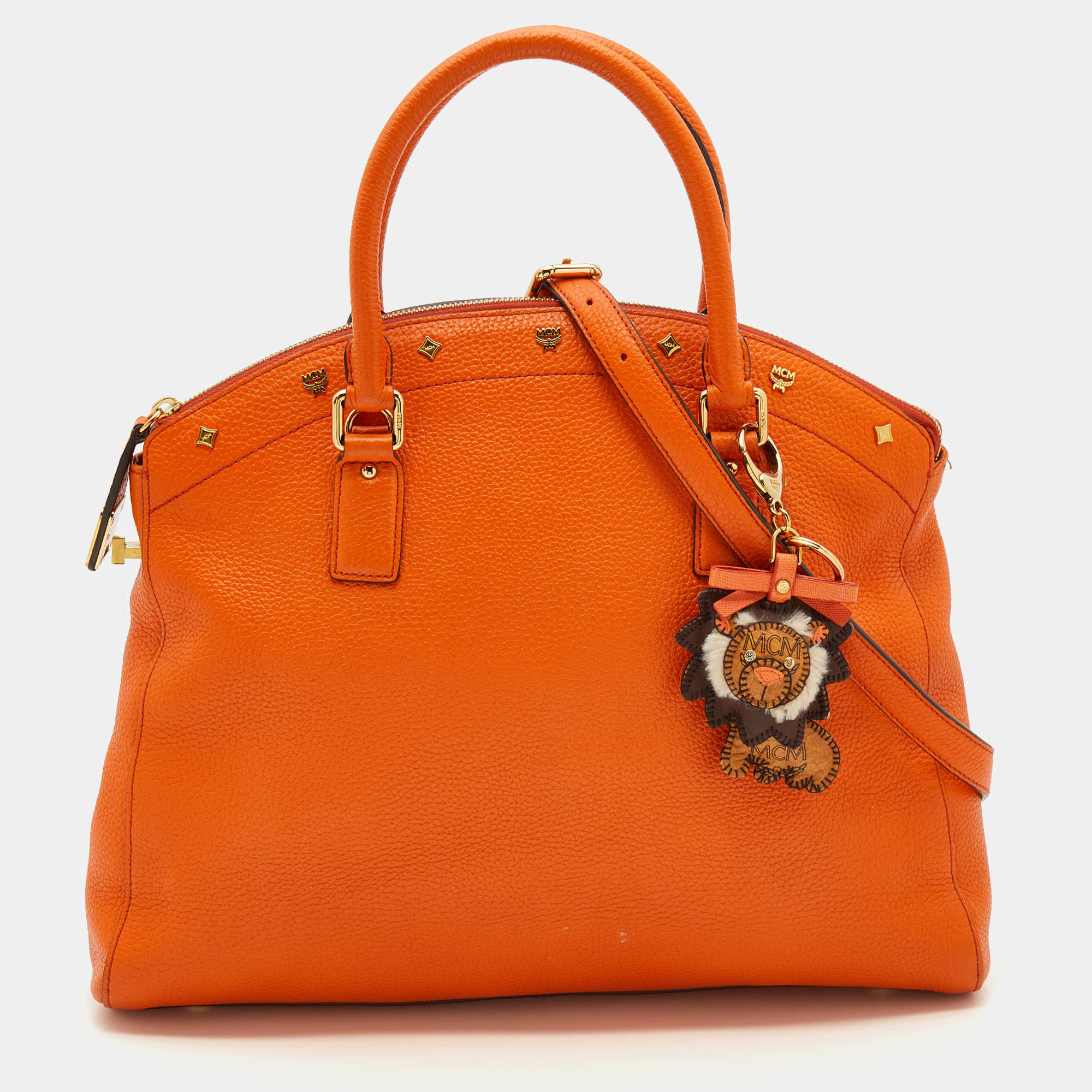 Pre Owned MCM Orange Leather Studded Satchel