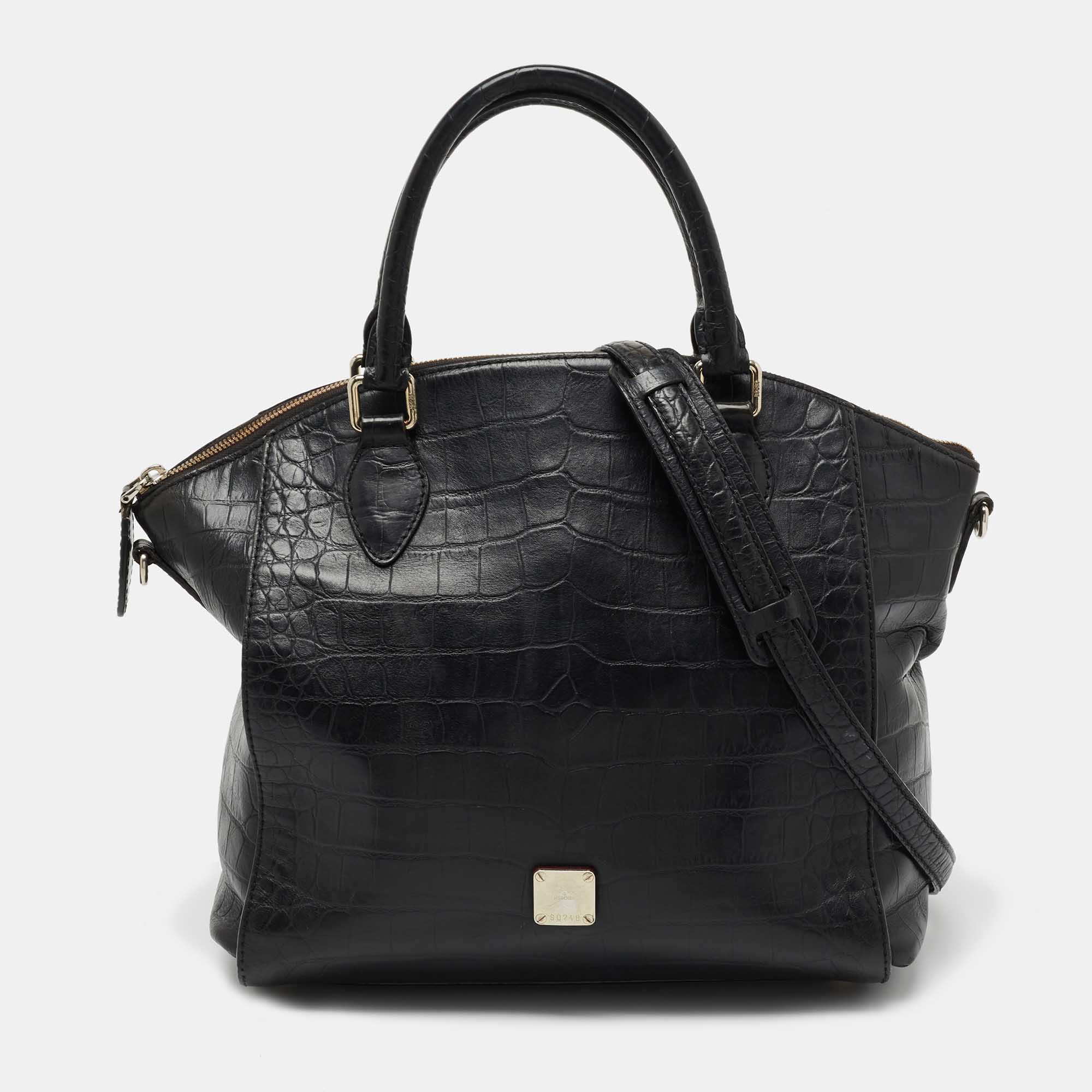Pre Owned MCM Black Leather Croc Embossed Leather Tote