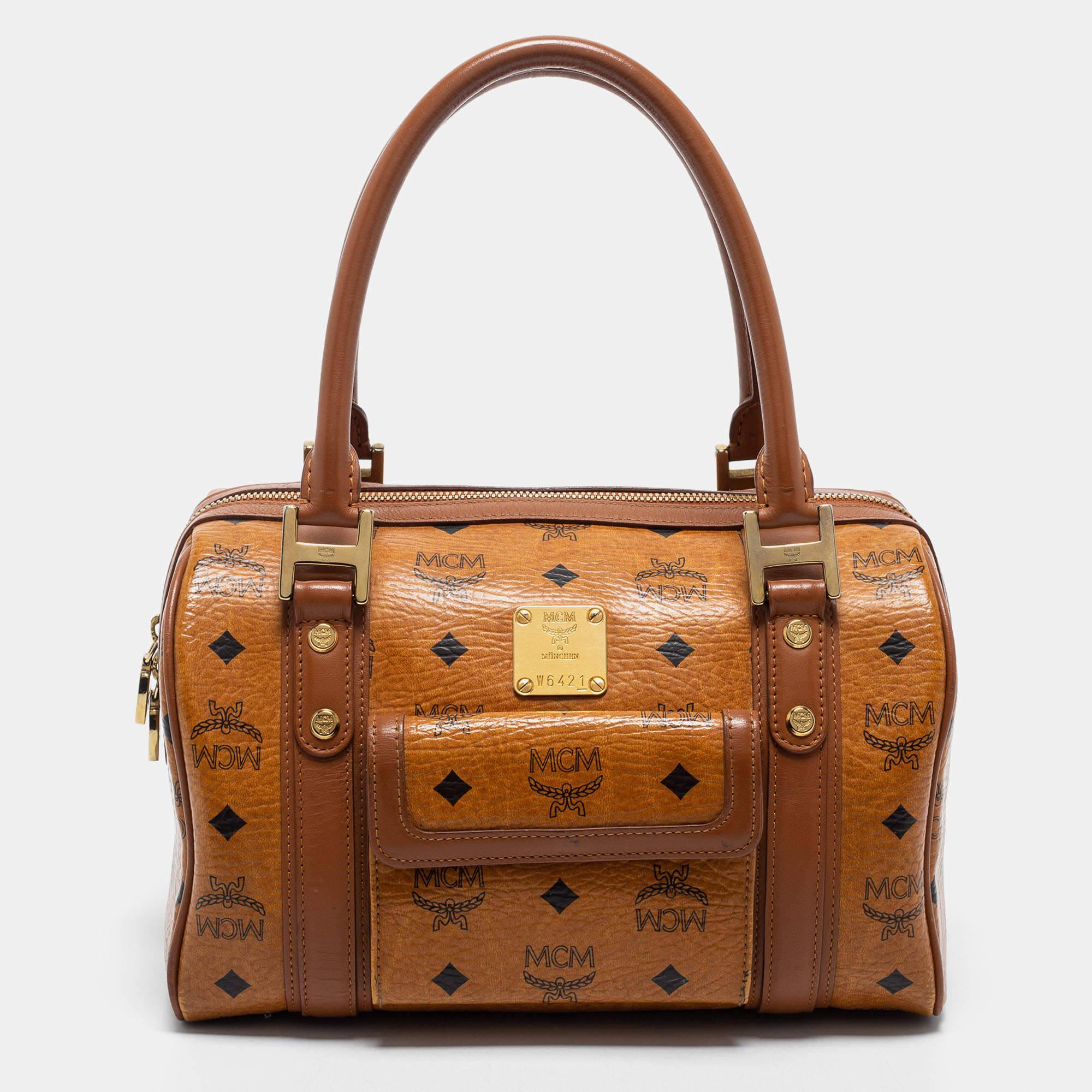 MCM Visetos Essential Leather Boston Bag Chocolate Brown