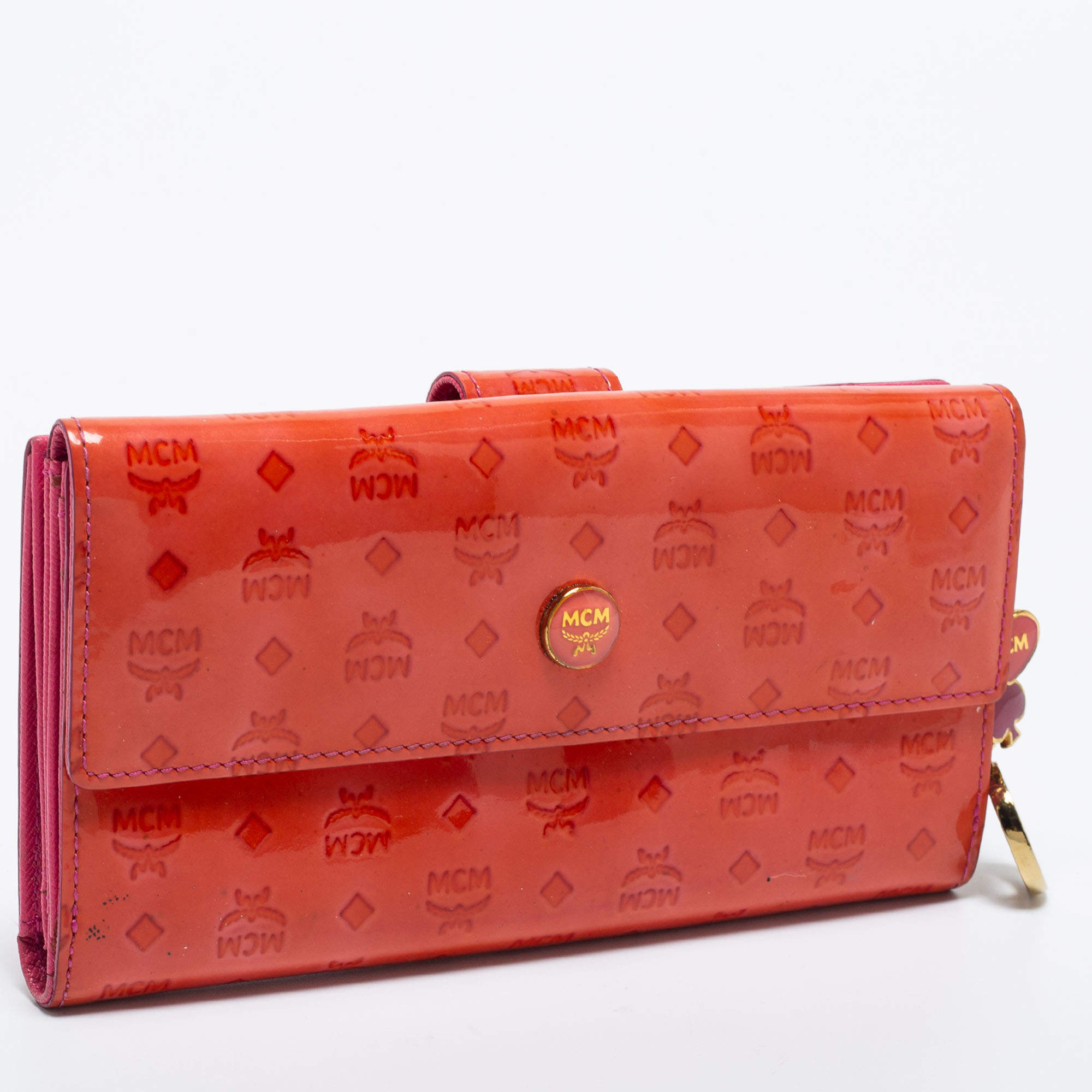 MCM Orange/Pink Visetos Patent Leather Charm Continental Wallet