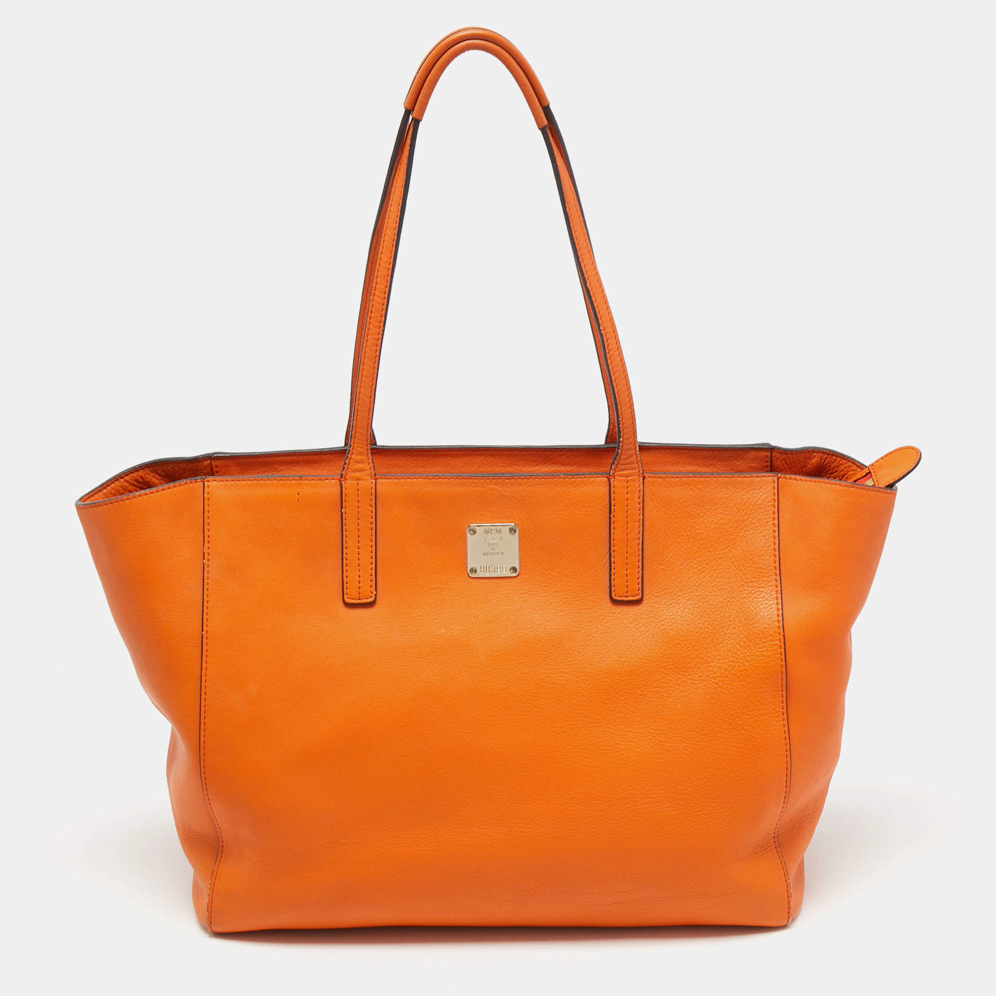 MCM Orange Leather Zip Shopper Tote