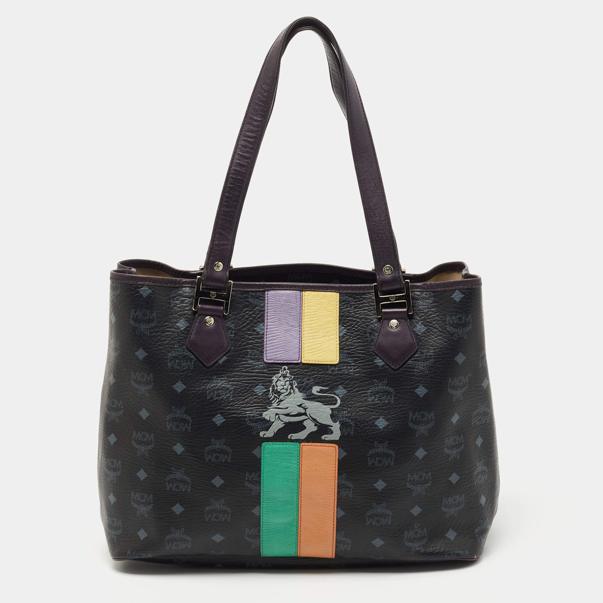 MCM Black Visetos Coated Canvas and Leather Princess Lion Shopper Tote
