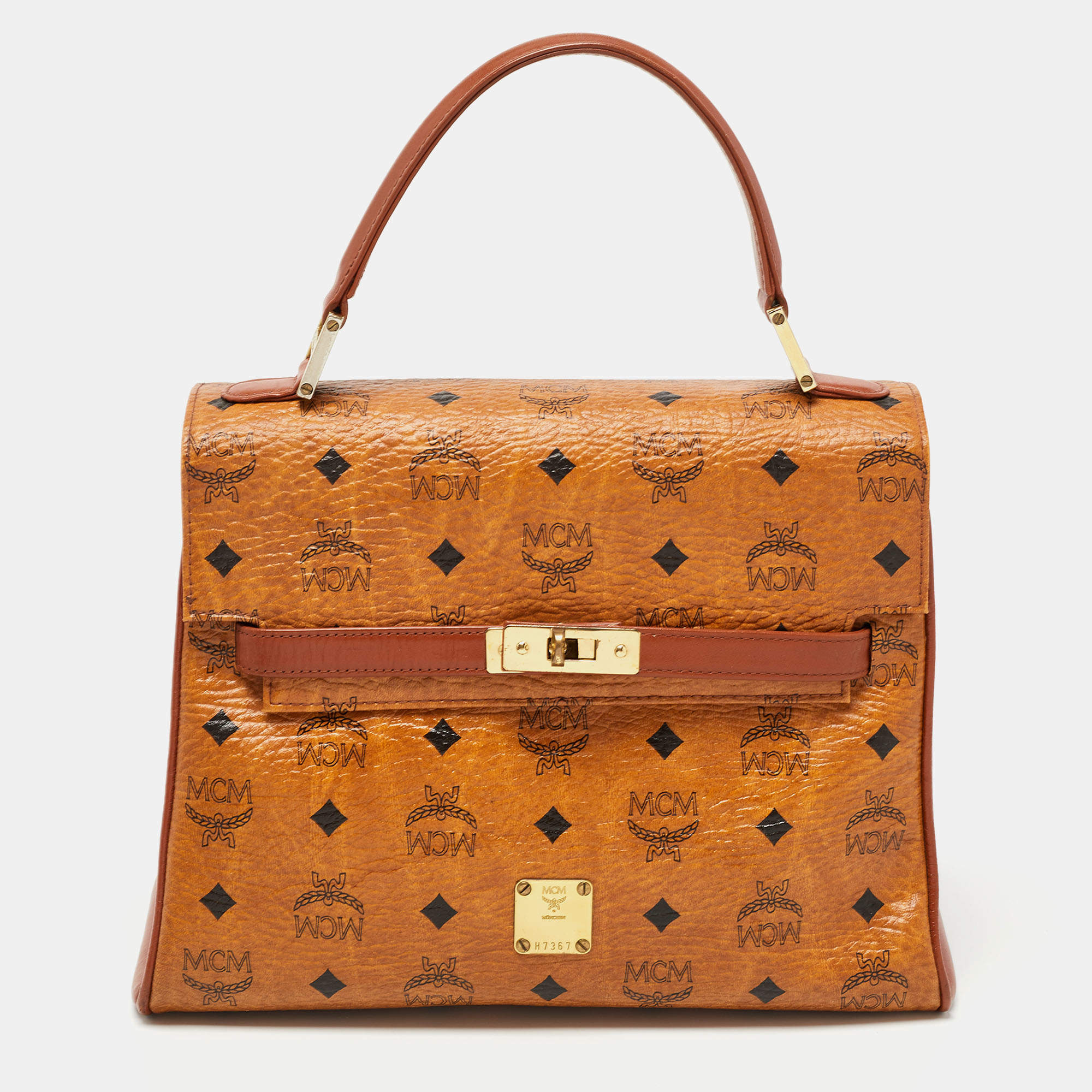 Pre Owned MCM Cognac Visetos Coated Canvas and Leather Heritage Top Handle Bag