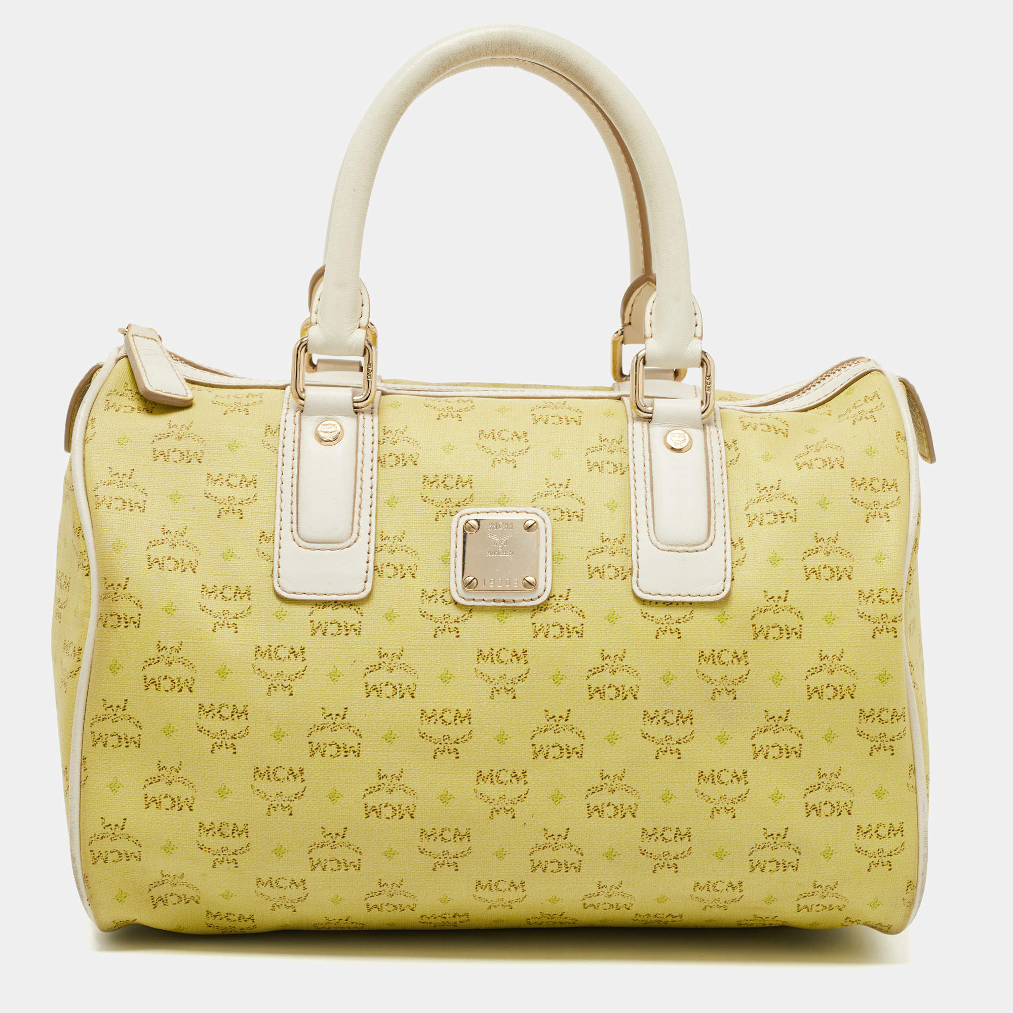 MCM Lime/White Visetos Coated Canvas and Leather Boston Bag MCM
