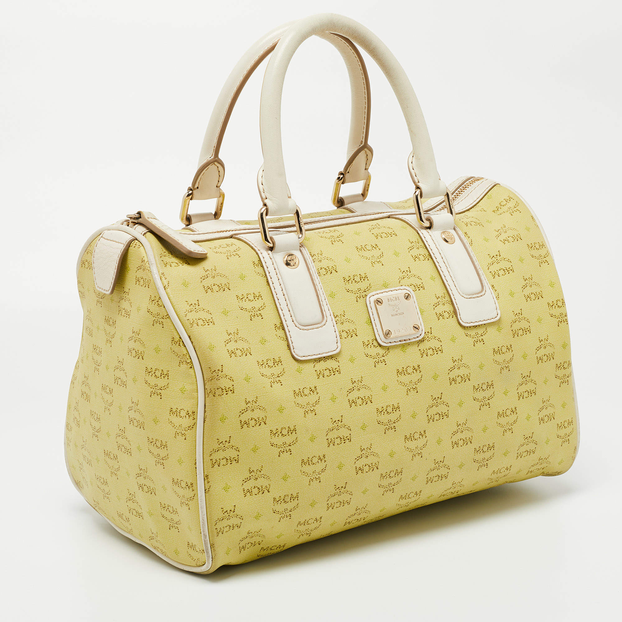MCM Lime/White Visetos Coated Canvas and Leather Boston Bag MCM