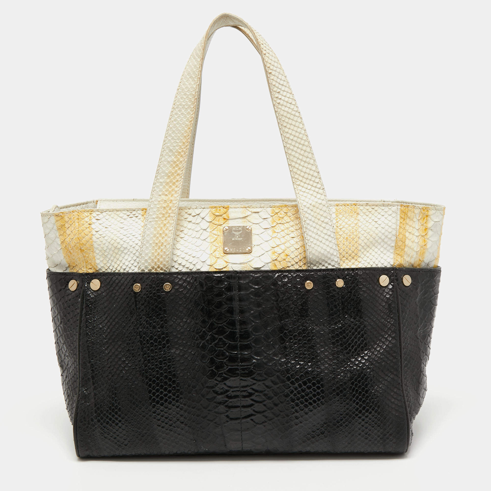 MCM Yellow/Black Python Embossed Leather Zip Tote