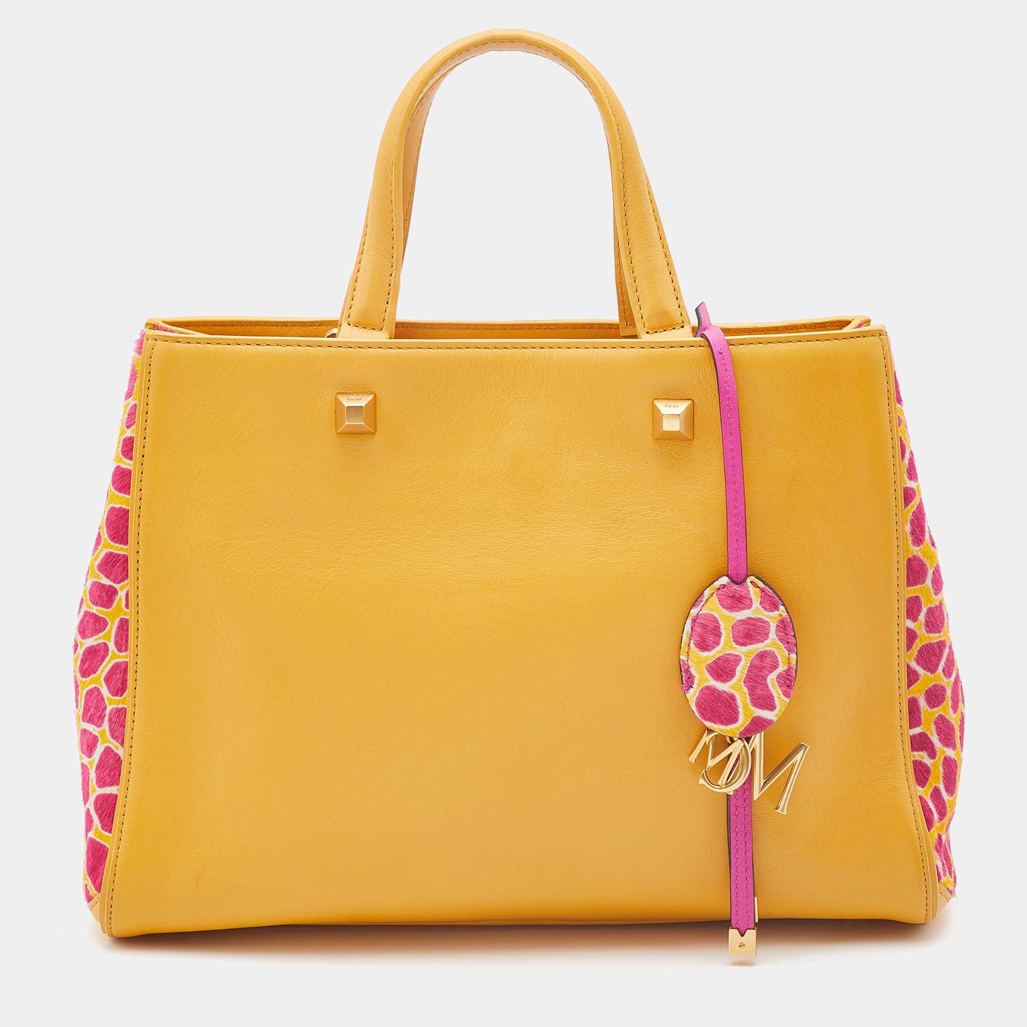 Pre Owned MCM Yellow/Pink Leather and Calf Hair Satchel