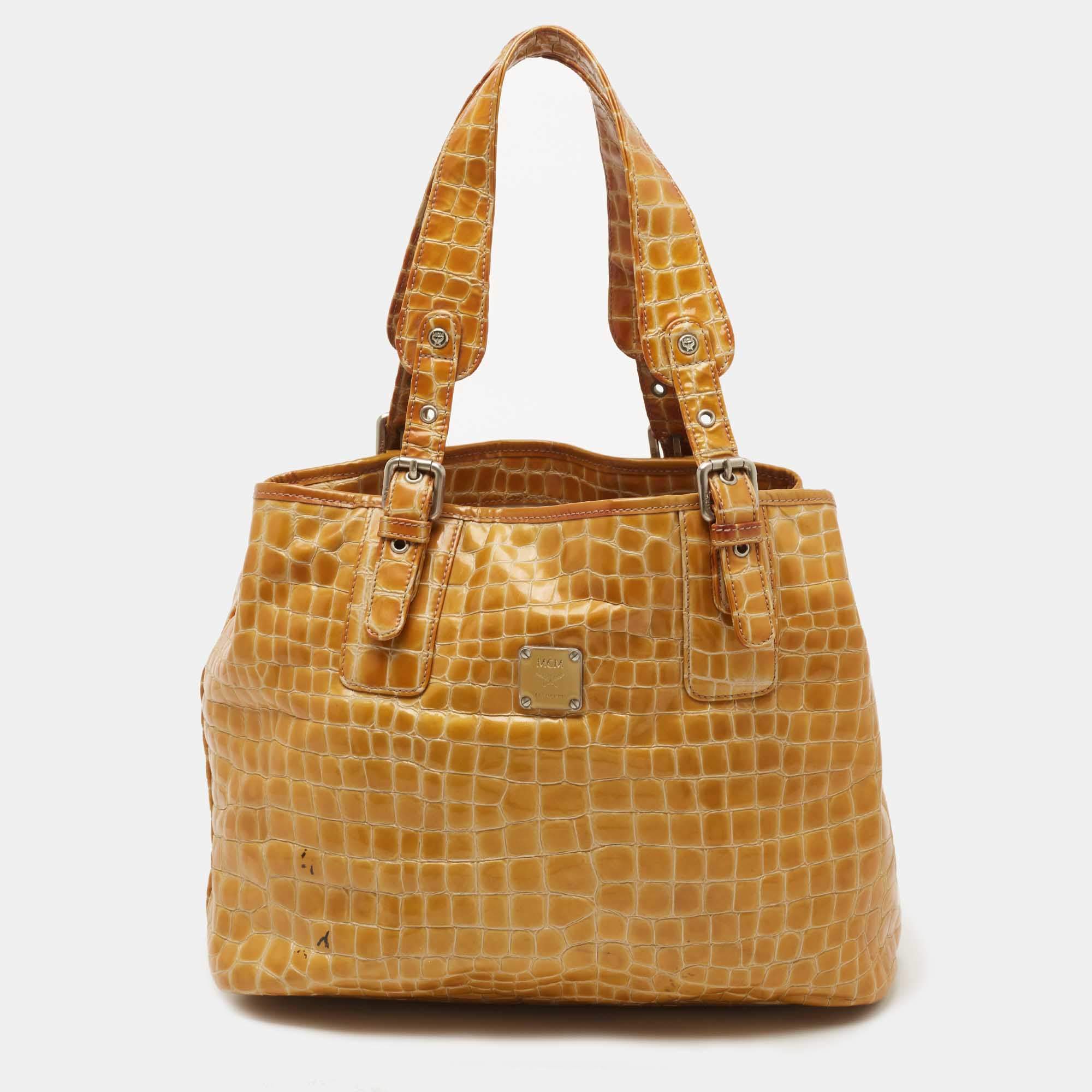 Pre Owned MCM Yellow Croc Embossed Patent Leather Shopper Tote