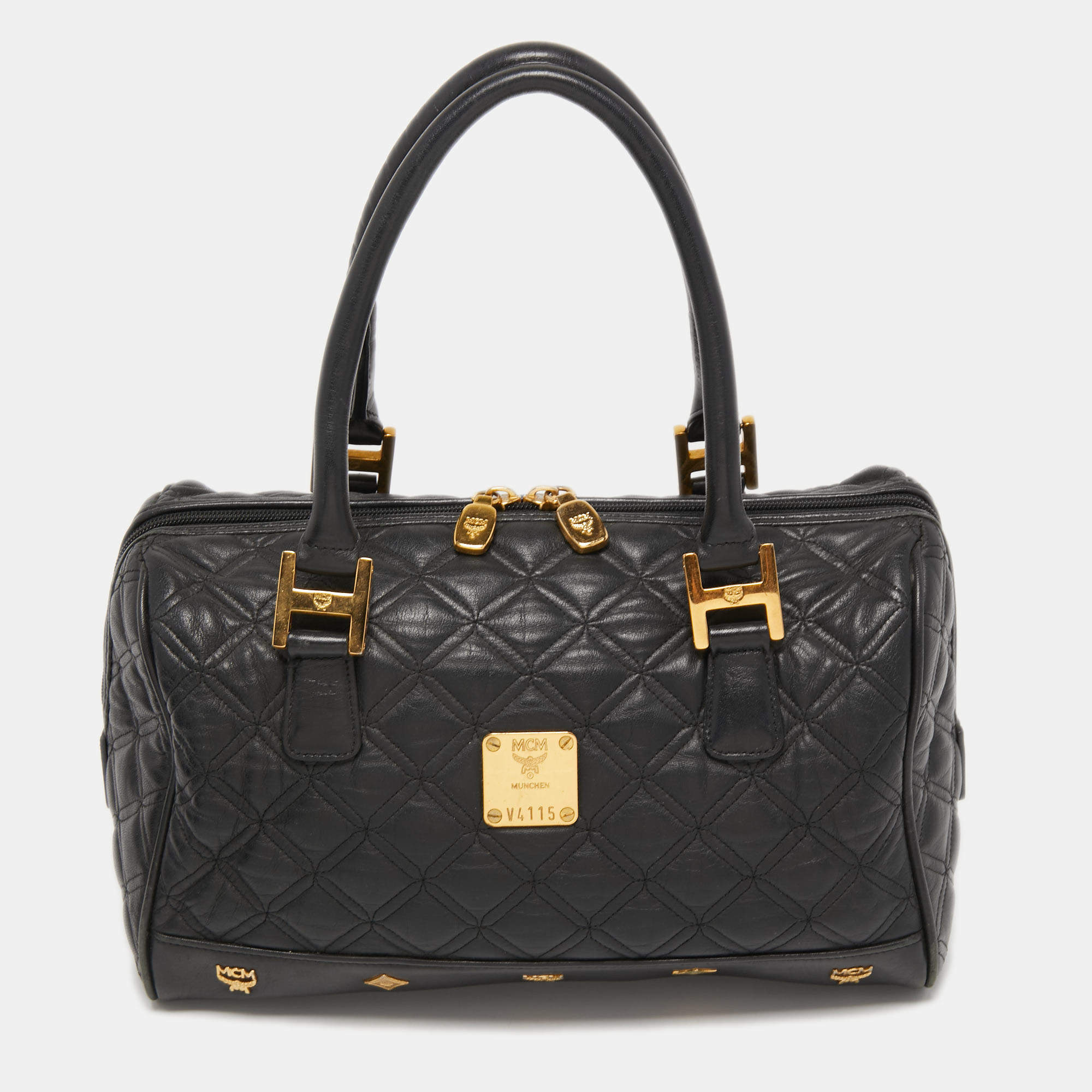 MCM Black Quilted Leather Embellished Boston Bag