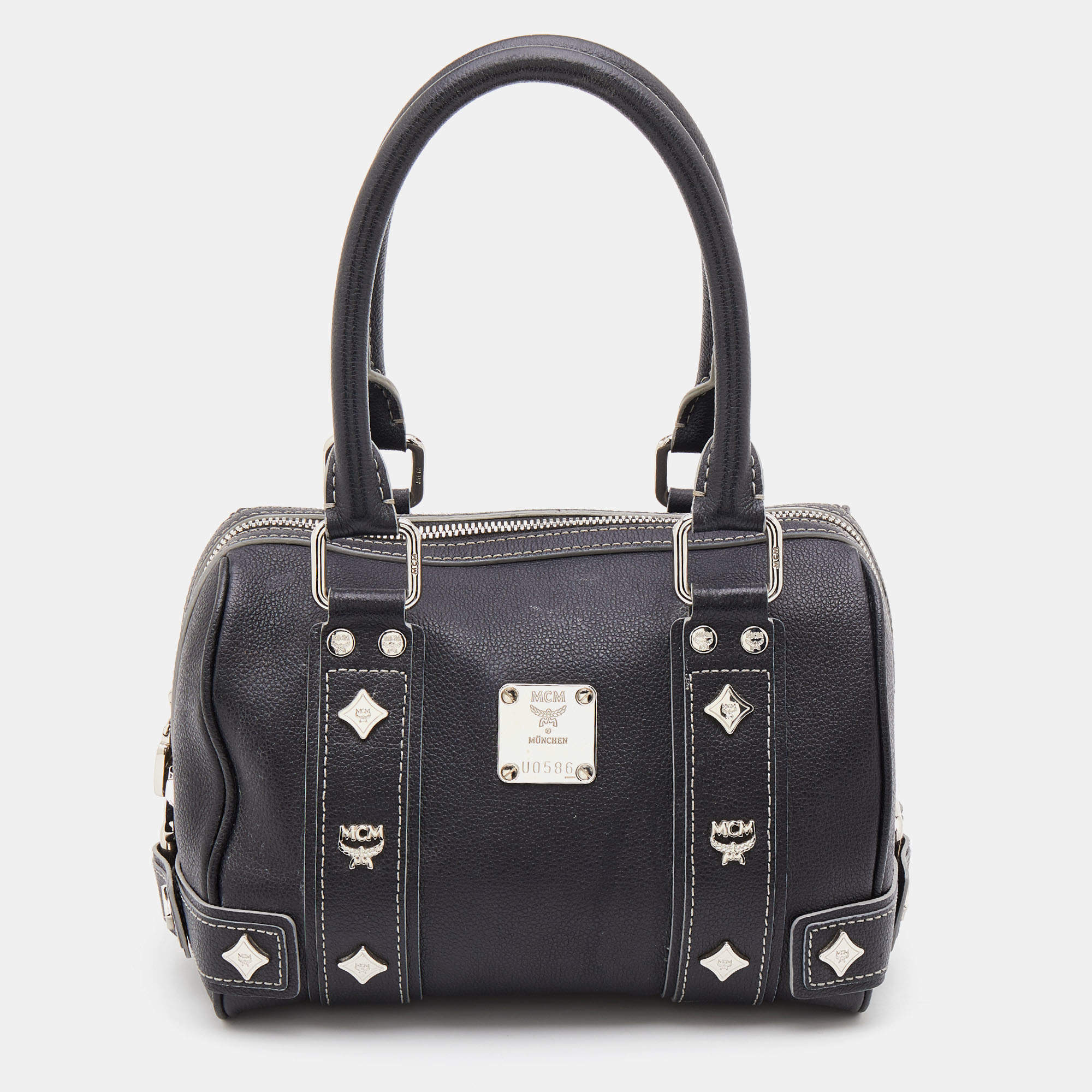 MCM Black Leather Logo Motifs Studded Satchel