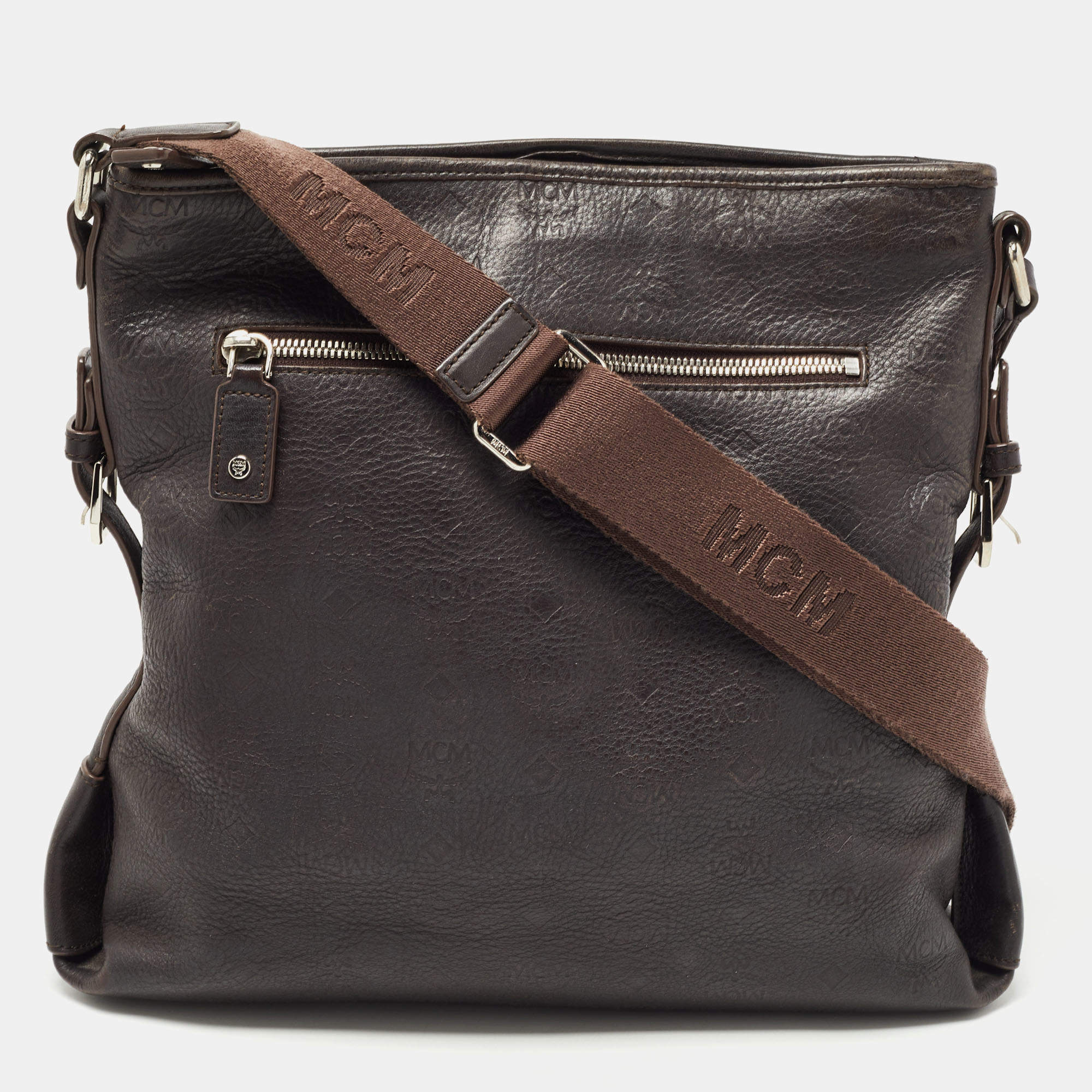 Pre Owned MCM Dark Brown Logo Embossed Leather Messenger Bag