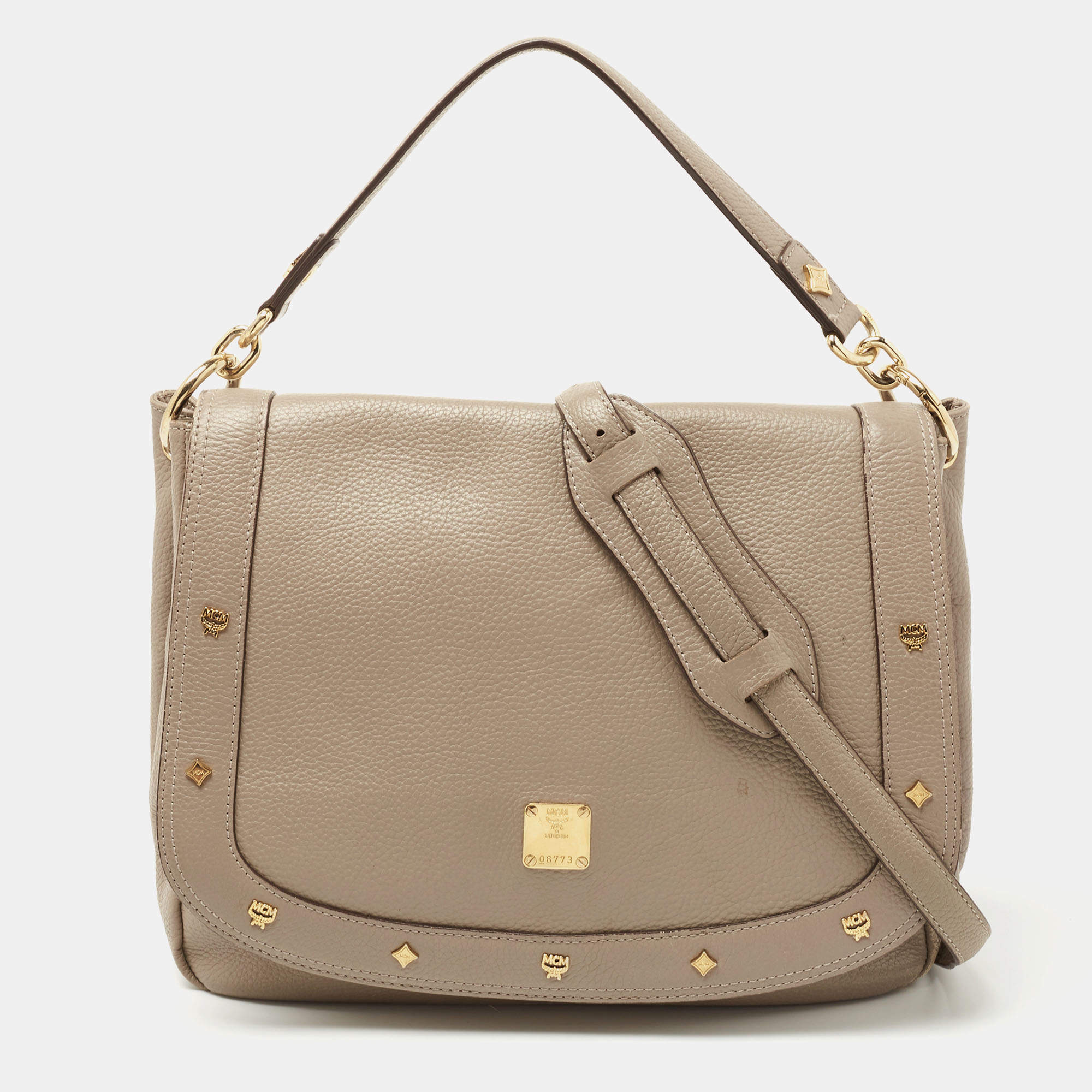 MCM Beige Leather Studded Flap Hobo