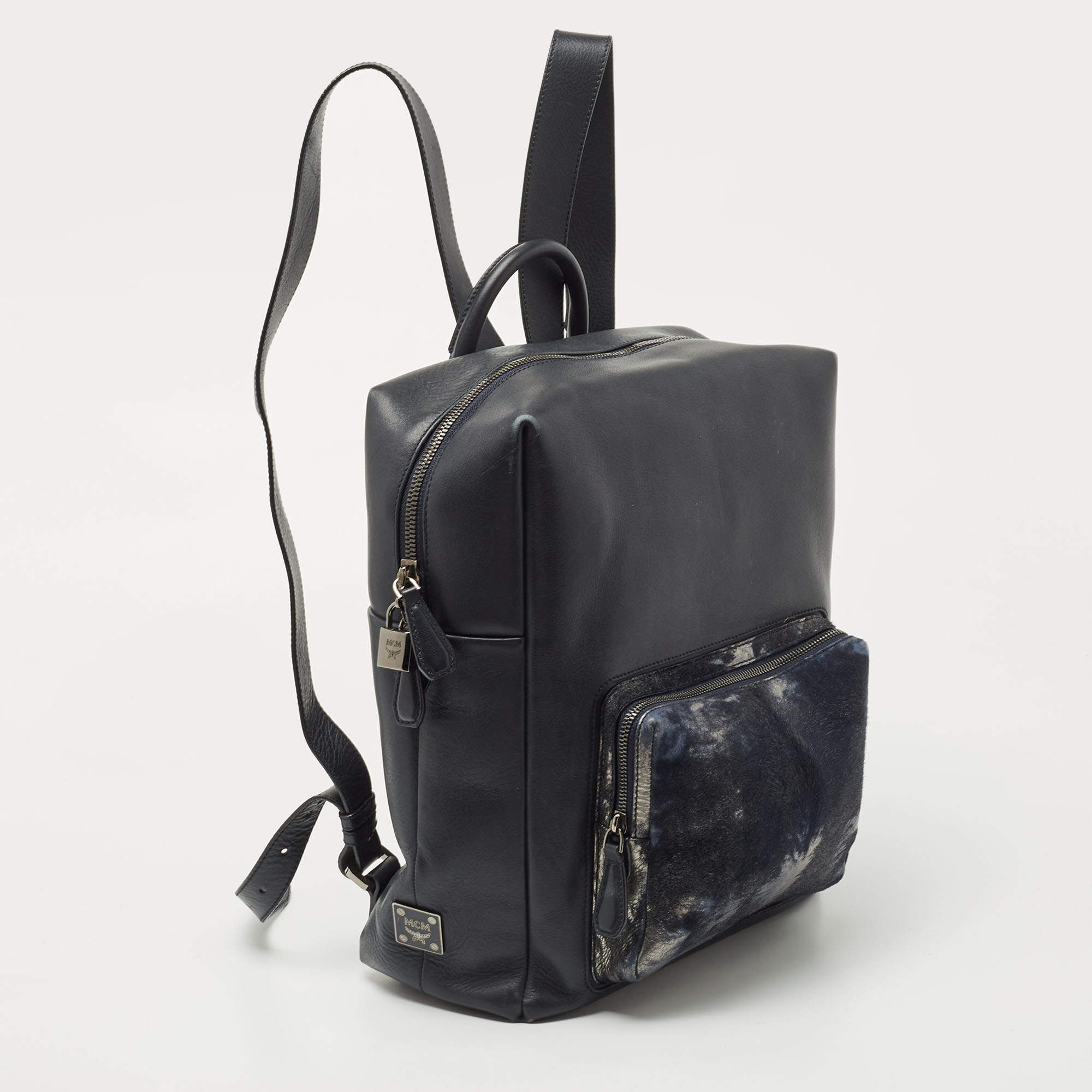 MCM Navy Blue Leather and Calfhair Front Pocket Backpack MCM
