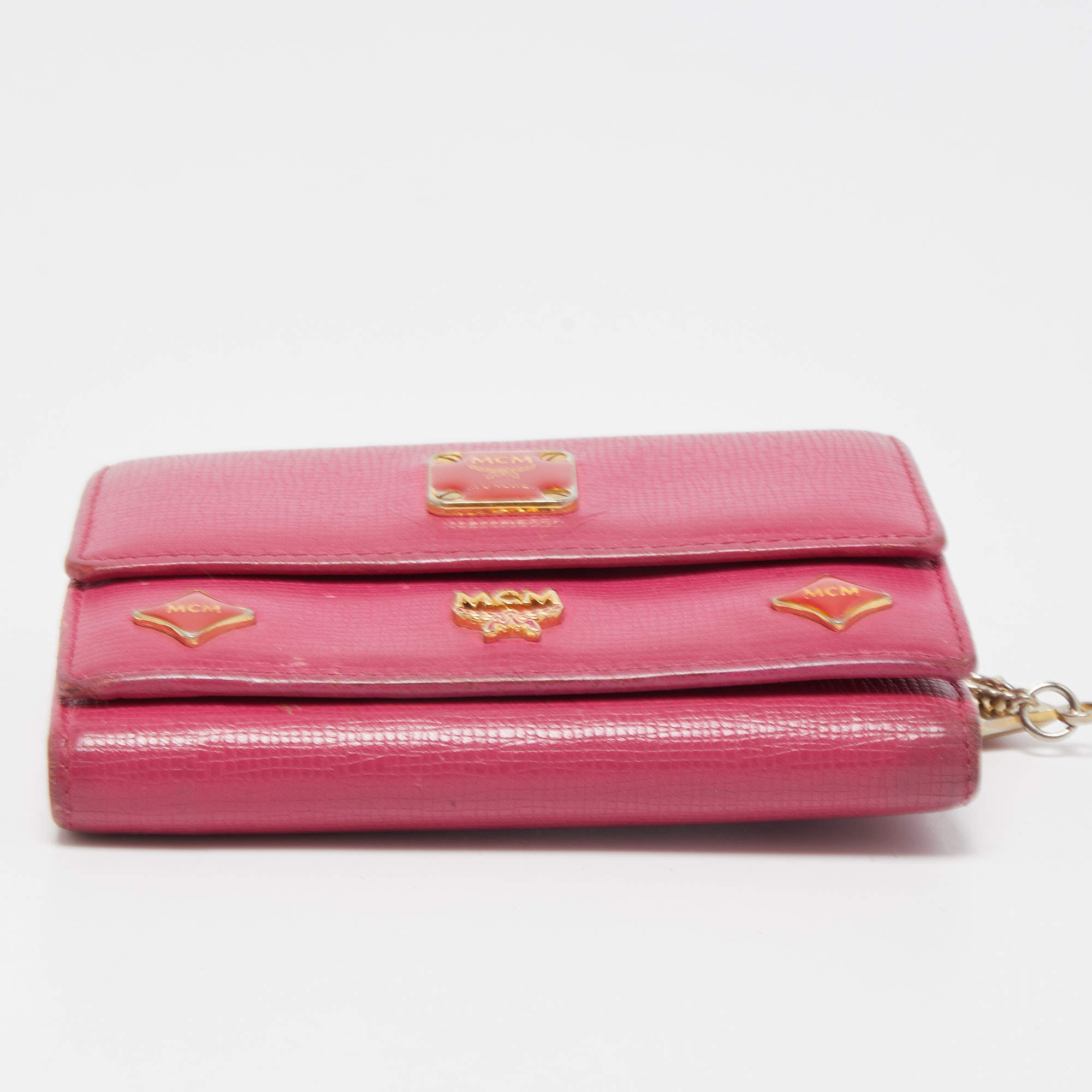 Quilted Pattern Long Wallet Trifold Studded Decor Pink