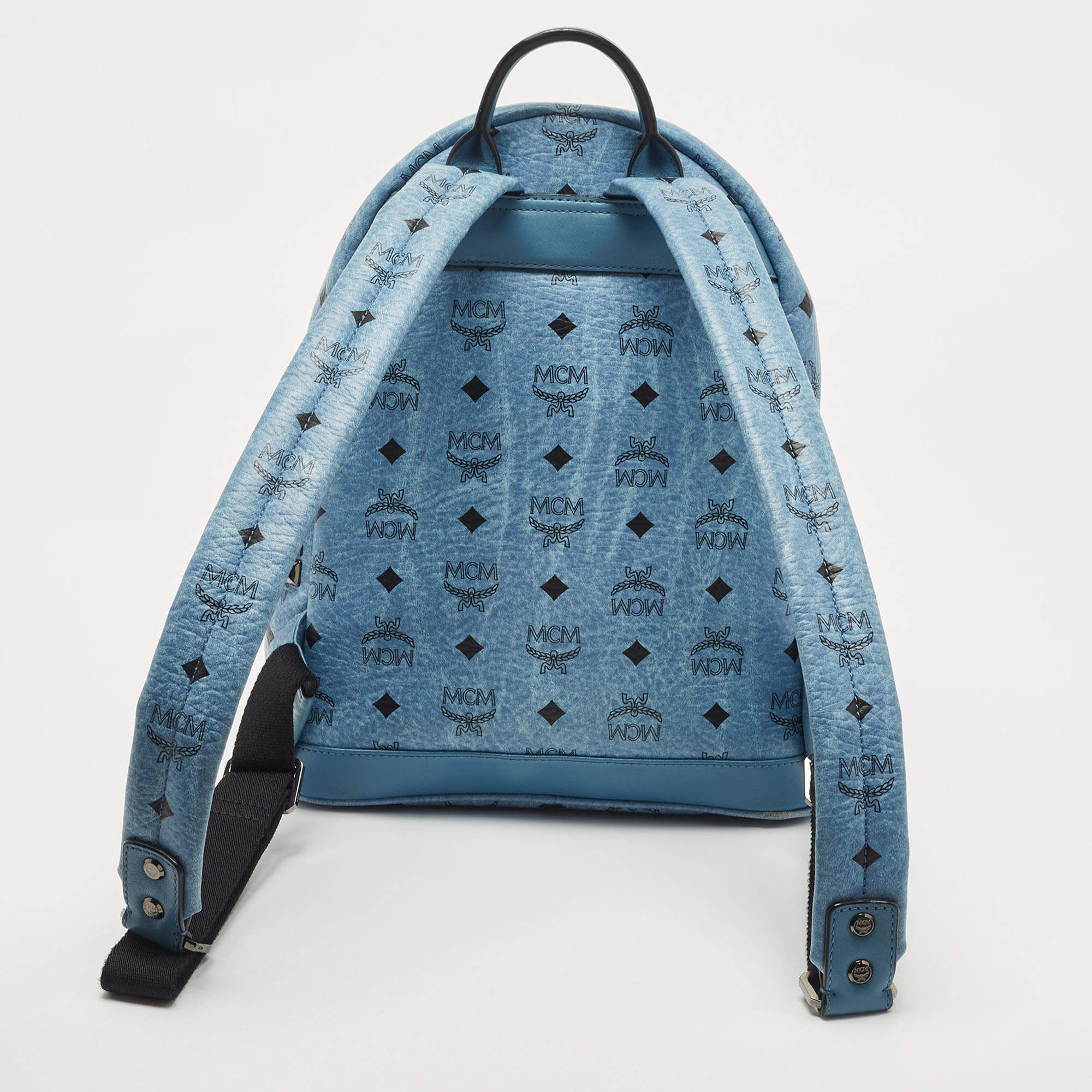 MCM Stark Backpack Visetos Side Studs Medium Munich Blue in Coated Canvas  with Silver-tone - US
