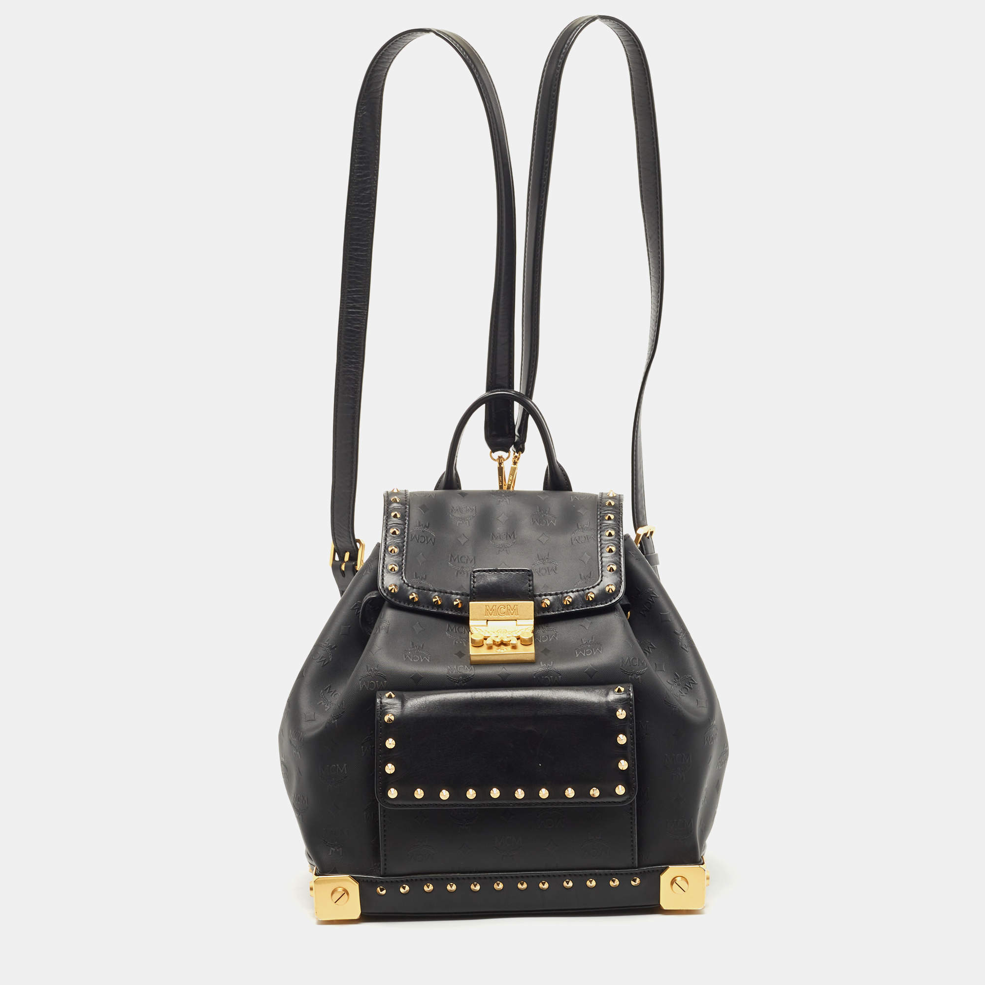 MCM Black Coated Canvas and Leather Studded Drawstring Backpack
