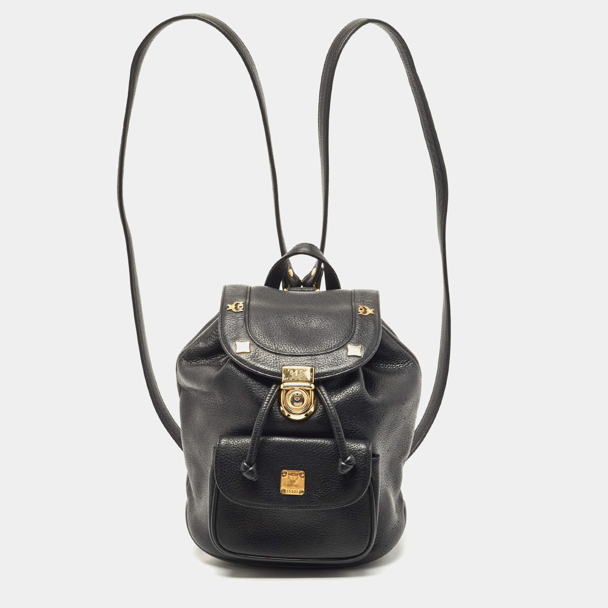 MCM Black Leather Mini Drawstring Backpack