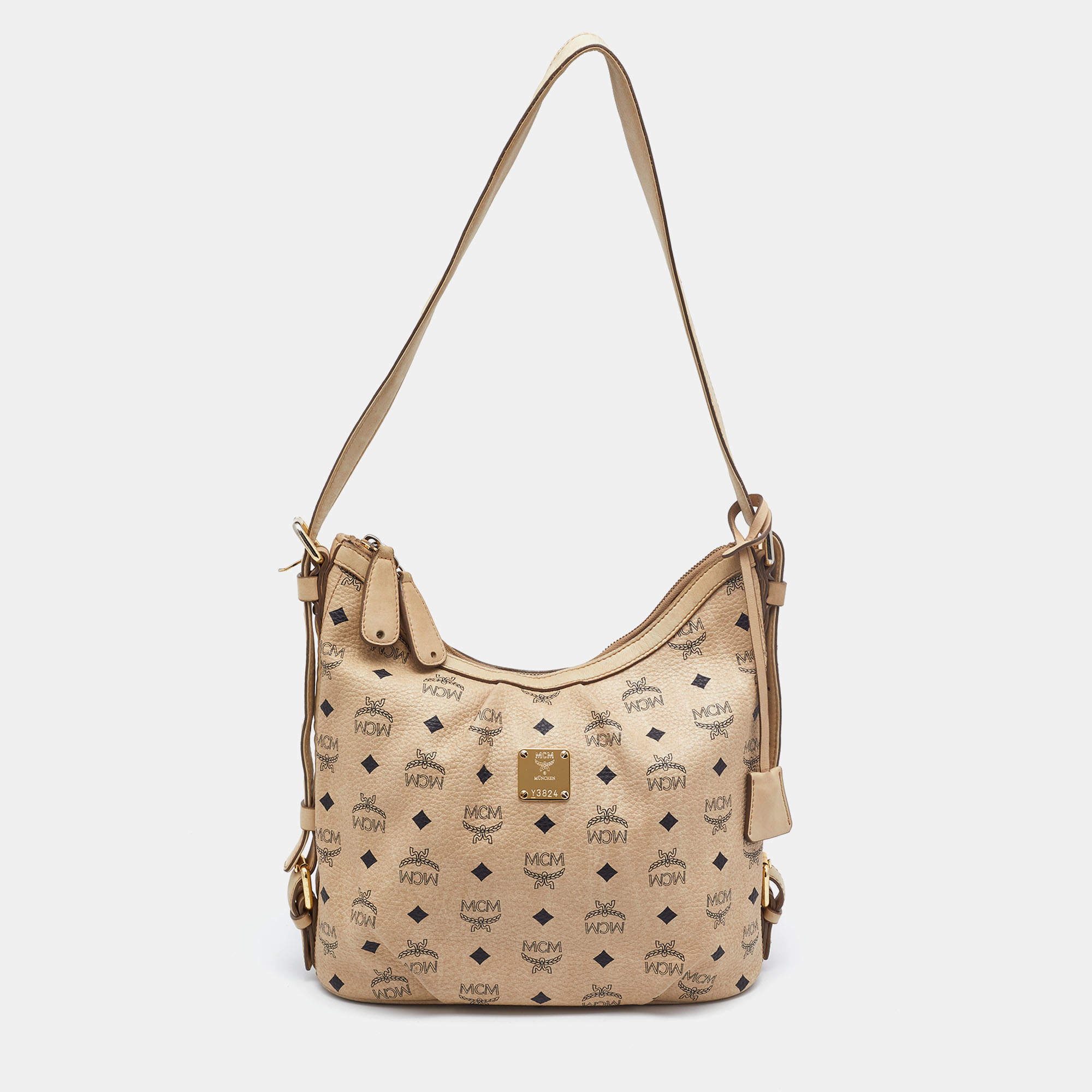 Pre Owned MCM Beige Visetos Coated Canvas and Leather Hobo