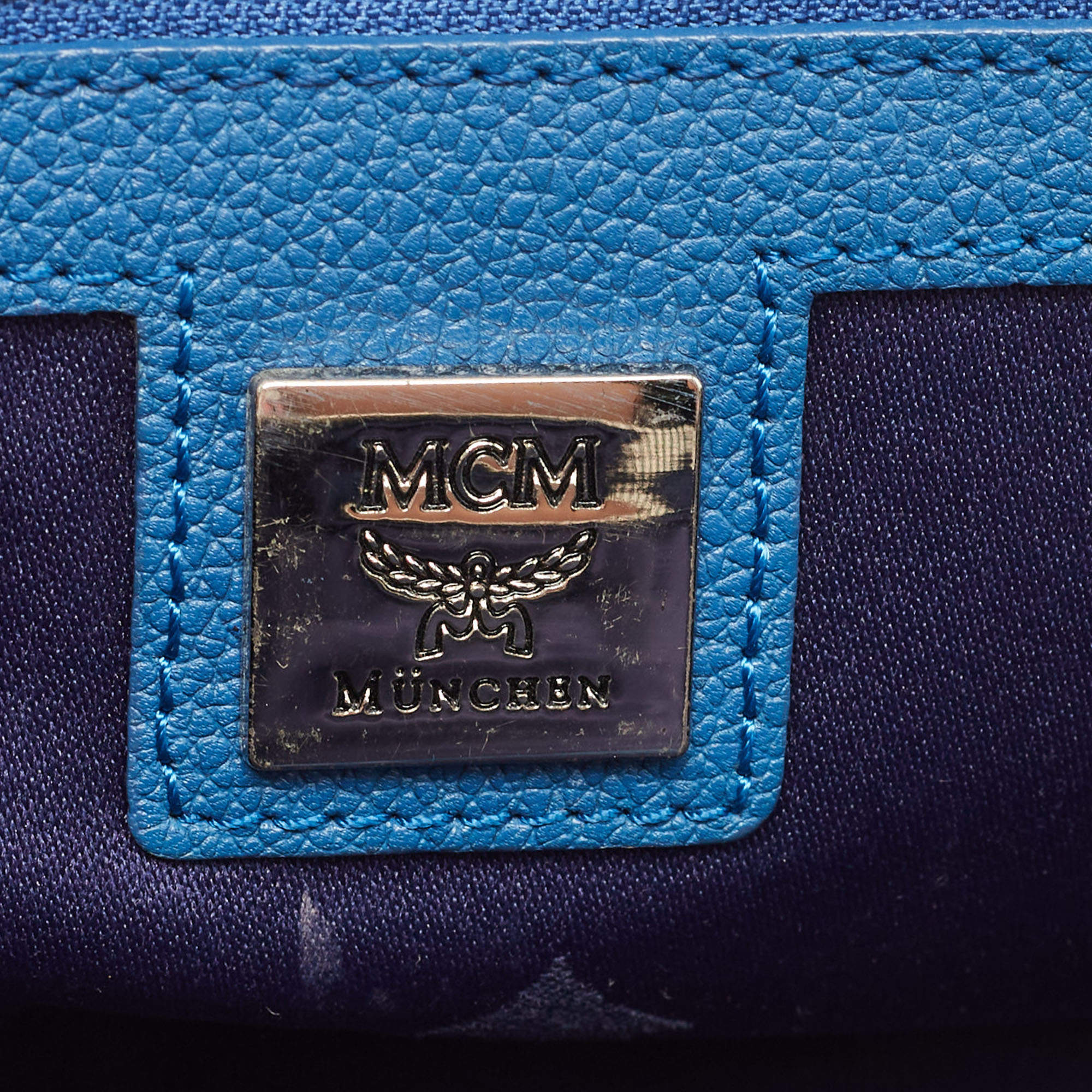 MCM Blue Leather Logo Boston Bag MCM