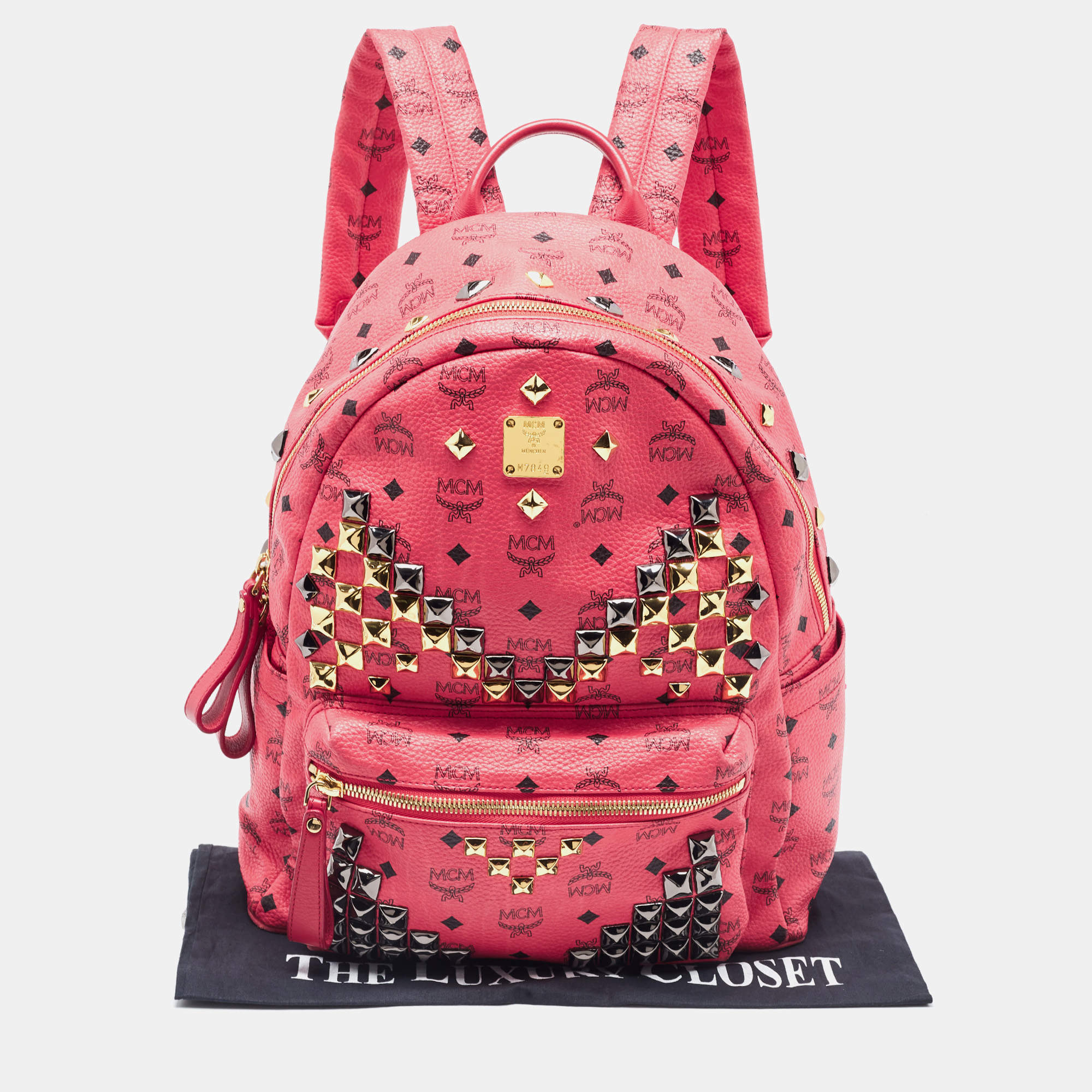 Authenticated Used MCM Visetos Glam Studded Rucksack Backpack Pink PVC  Leather Ladies 