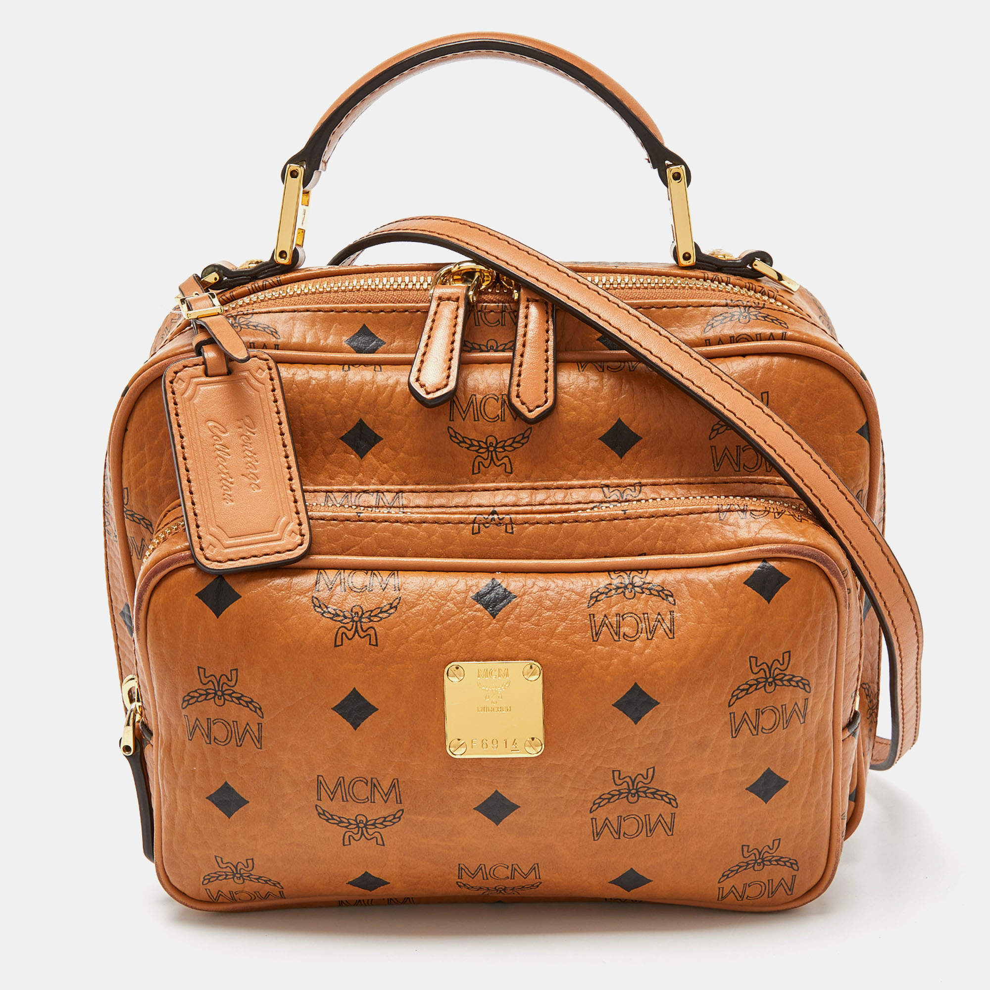 MCM, Bags, Mcm Small Boston Bag In Congnac Visetos Coated Canvas Leather