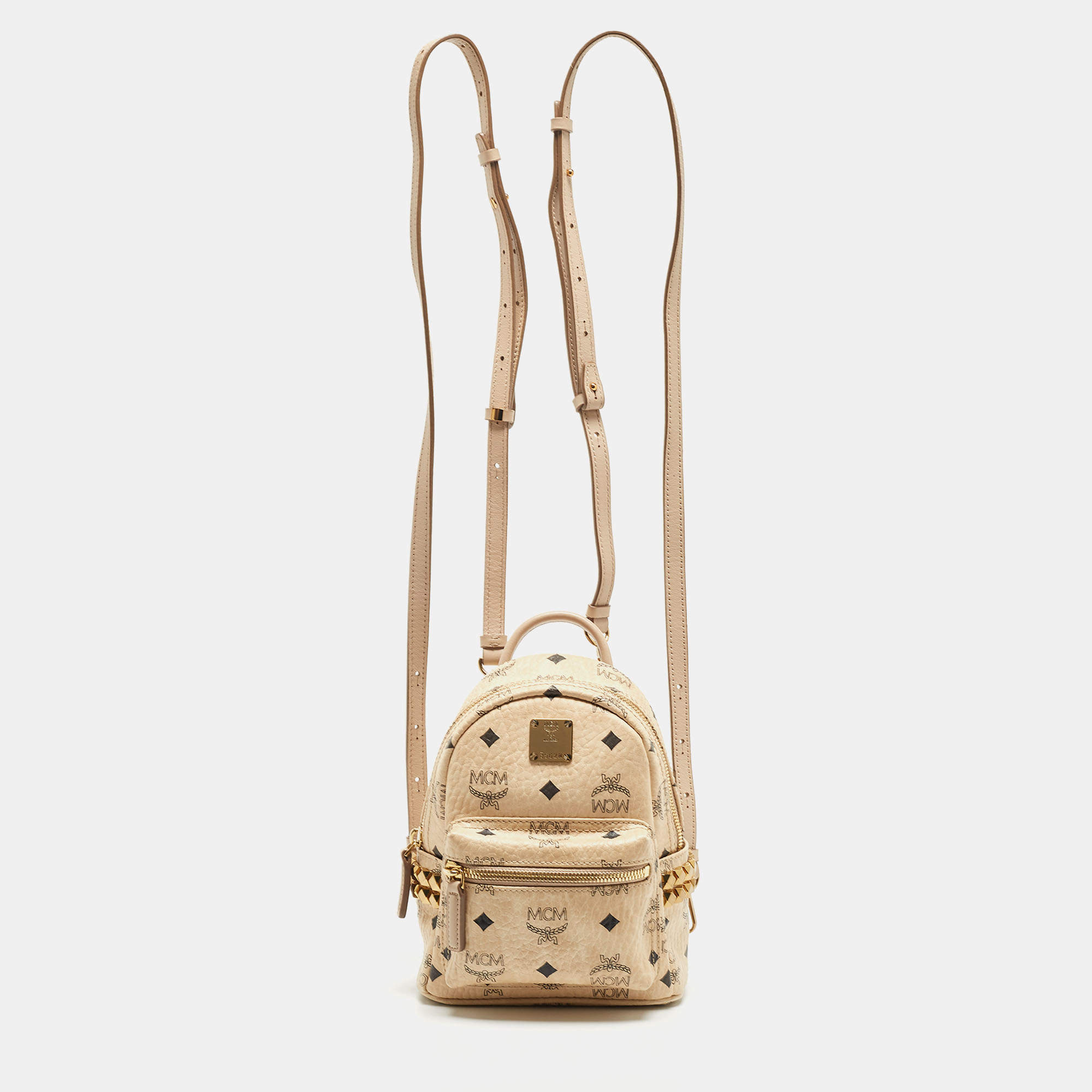 Pre Owned MCM Beige Visetos Coated Canvas and Leather Mini Studded Stark-Bebe Boo Backpack
