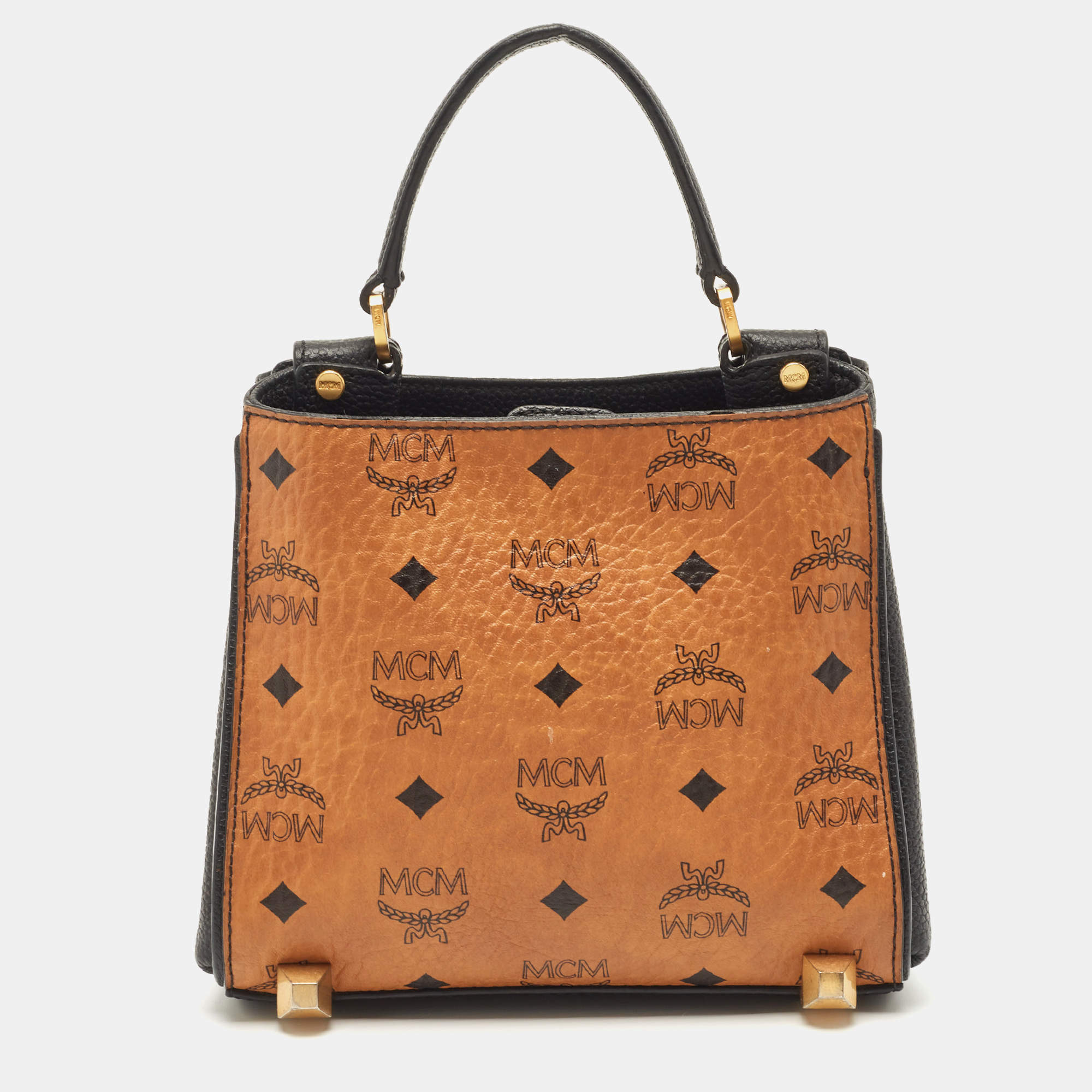 MCM Black/Cognac Visetos Leather Mini Corina Top Handle Bag