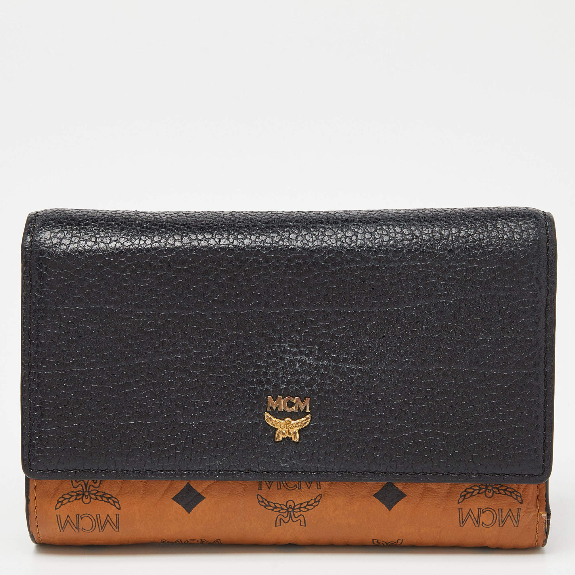 MCM Cognac/Black Visetos Coated Canvas and Leather Flap Trifold Wallet