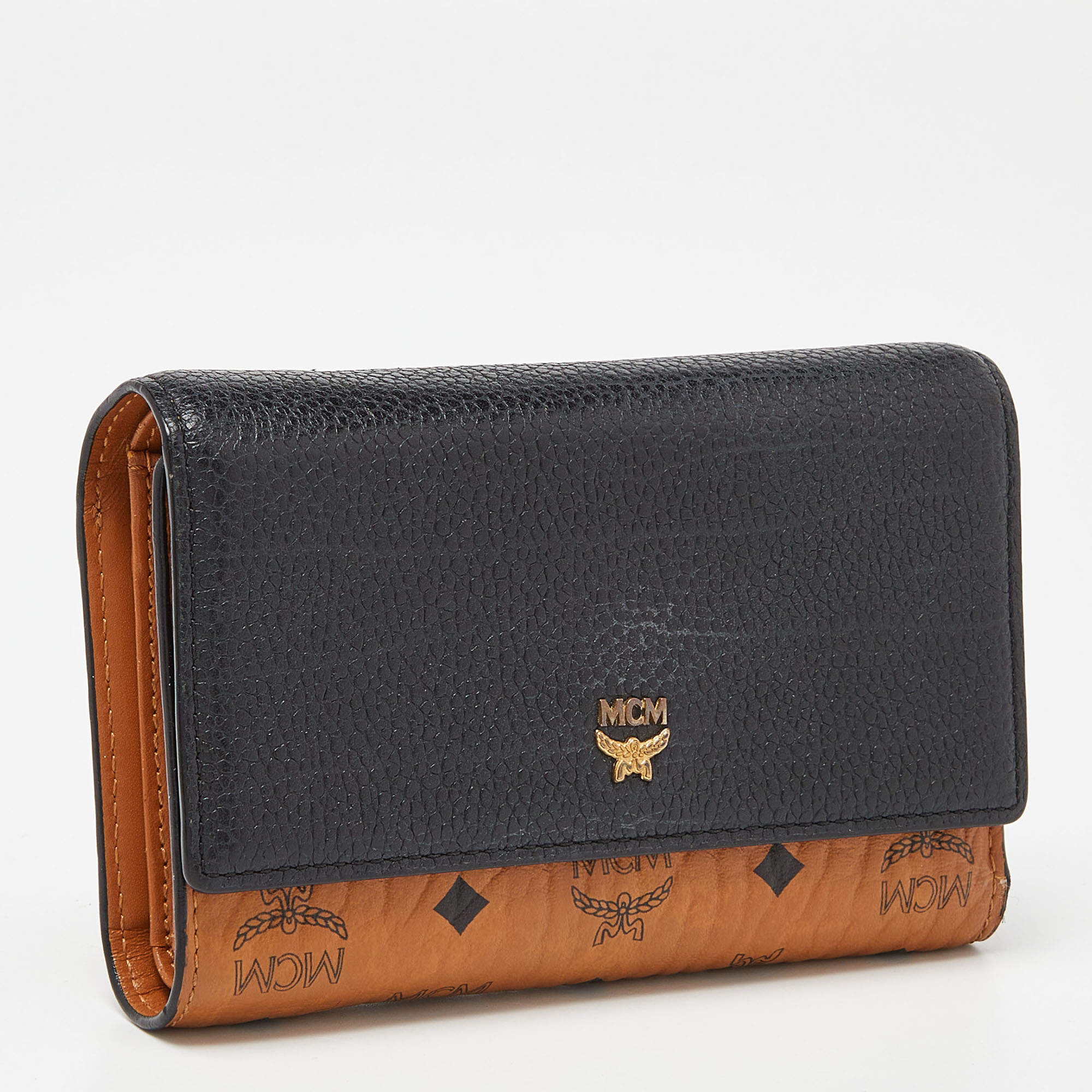 Mcm Cognac/Black Visetos Coated Canvas and Leather Flap Trifold Wallet