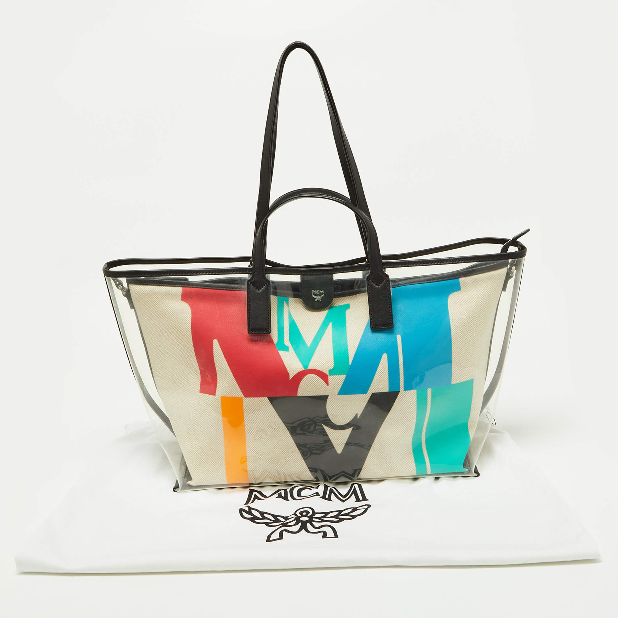 MCM Transparent/Black PVC and Leather Glitch Logo Shopper Tote