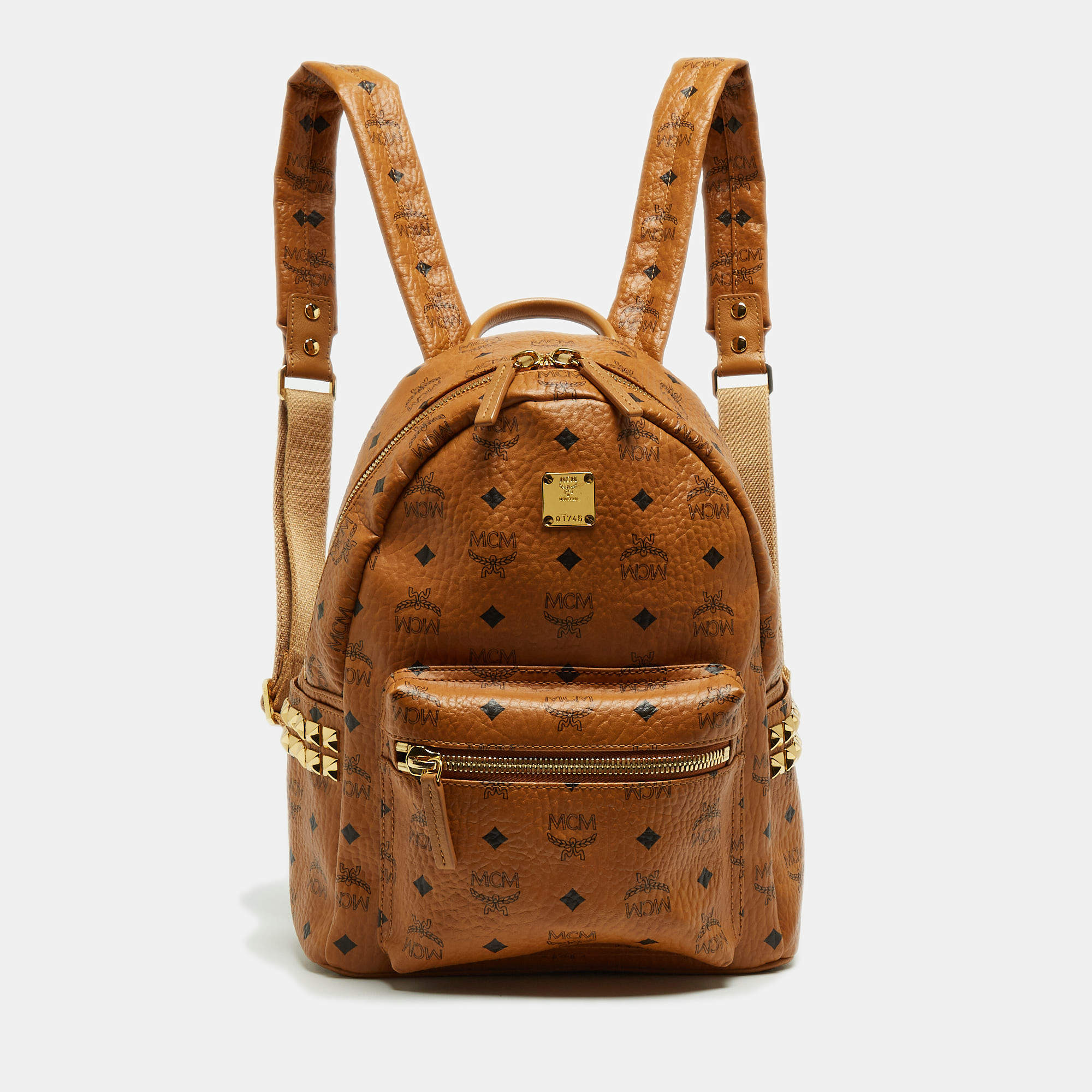 MCM Cognac Visetos Coated Canvas Small Studs Stark Backpack