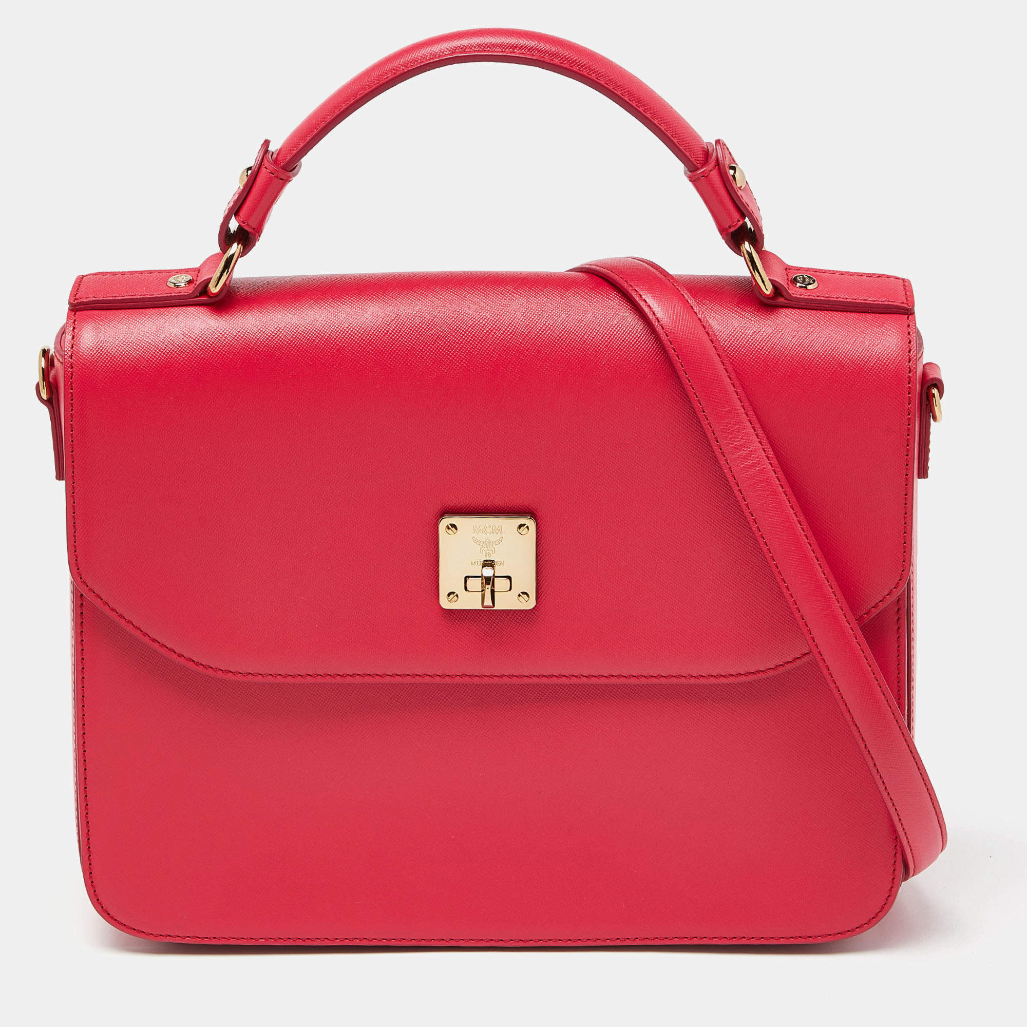 MCM Red Leather Turnlock Flap Top Handle Bag