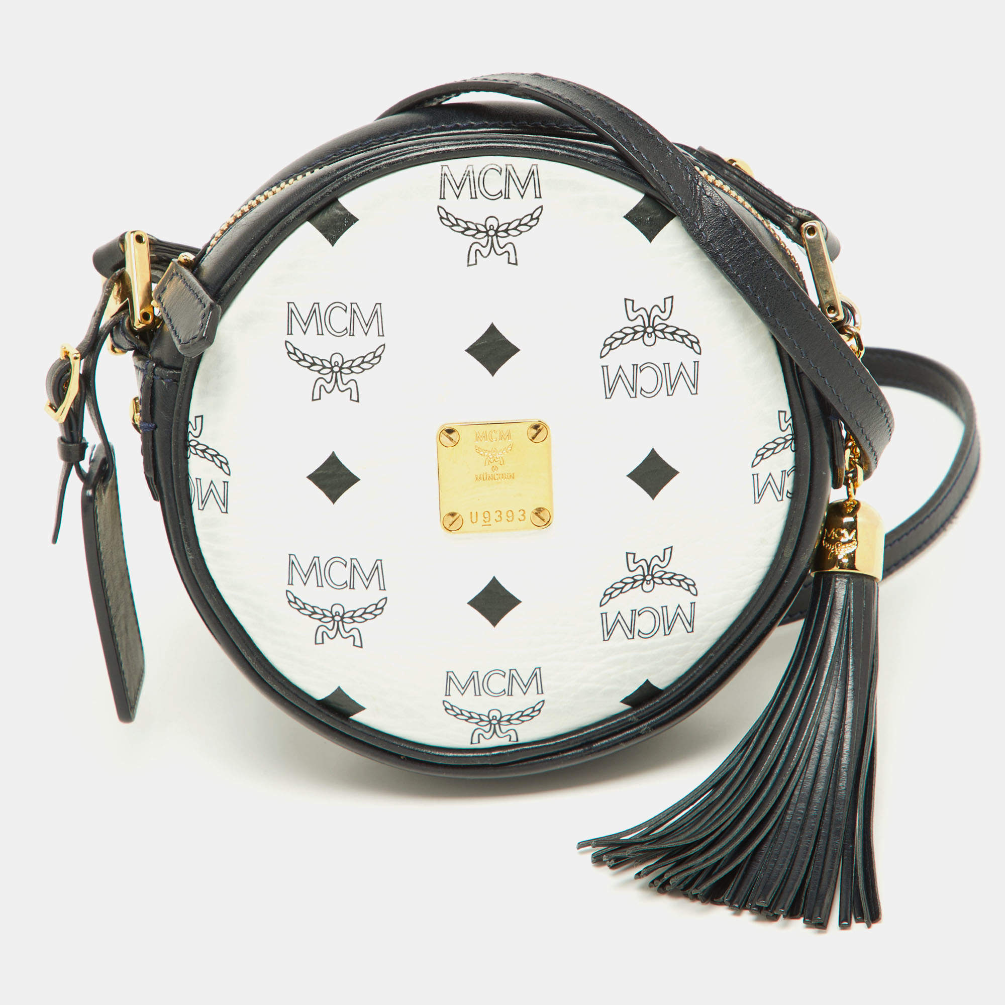 MCM Navy Blue/White Visetos Coated Canvas and Leather Tambourine Round Bag