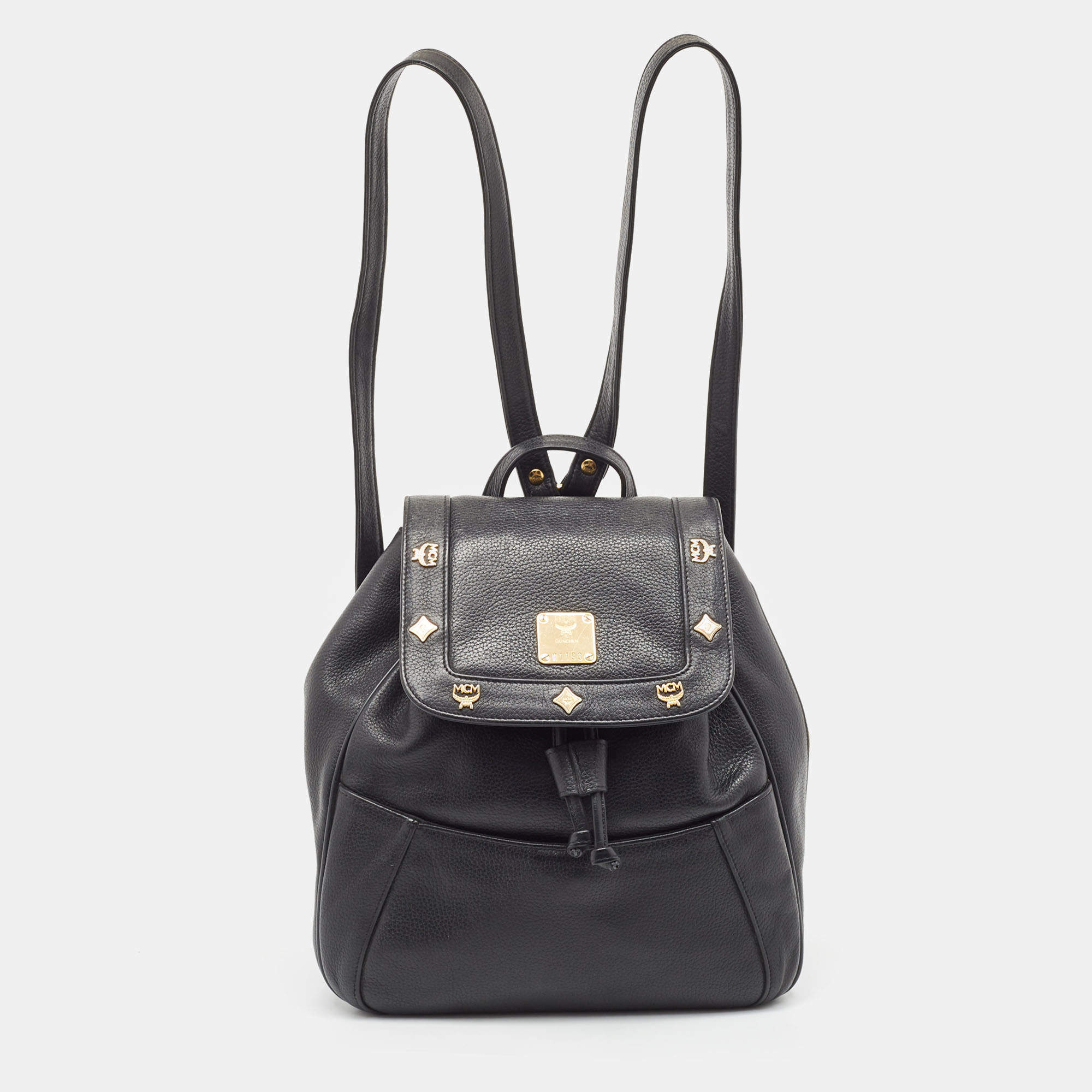 MCM Black Leather Studded Flap Backpack