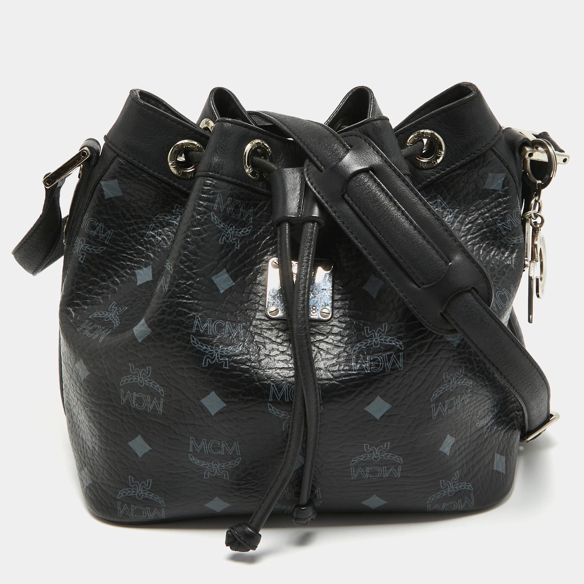 MCM Black Visetos Coated Canvas and Leather Drawstring Bucket Bag