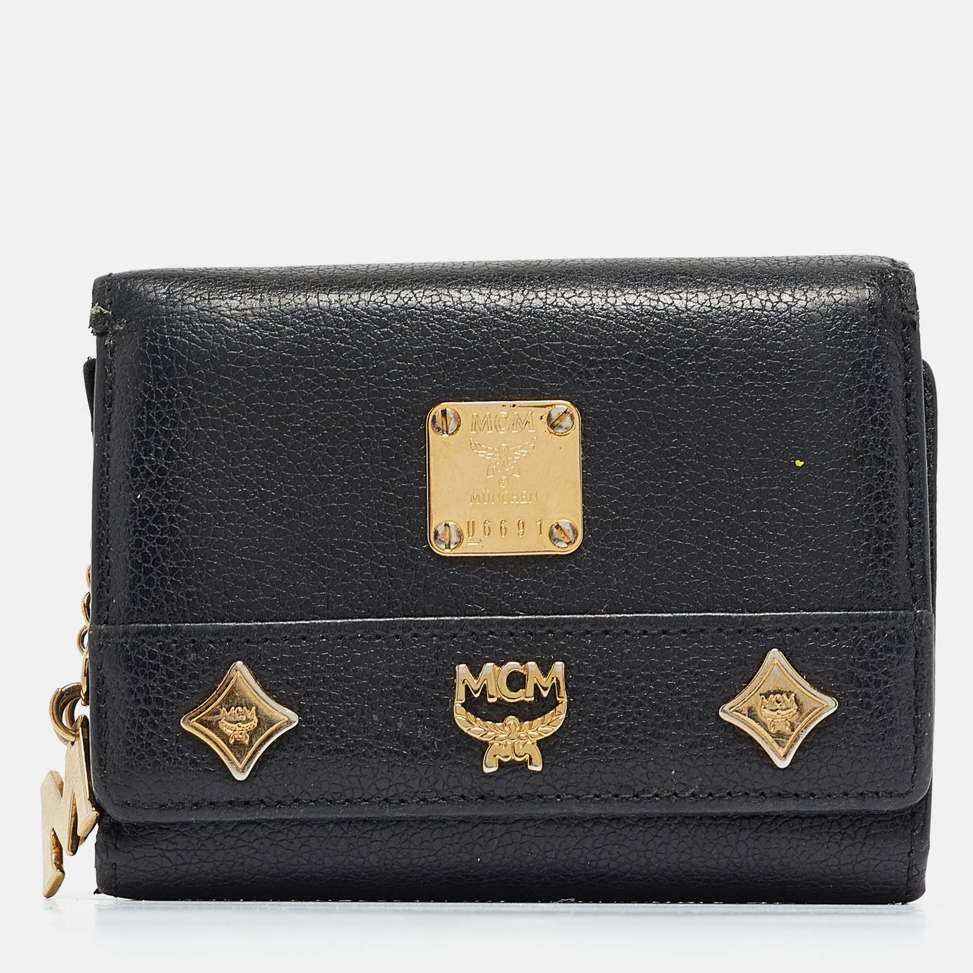 MCM Black Leather Studded Trifold Compact Wallet