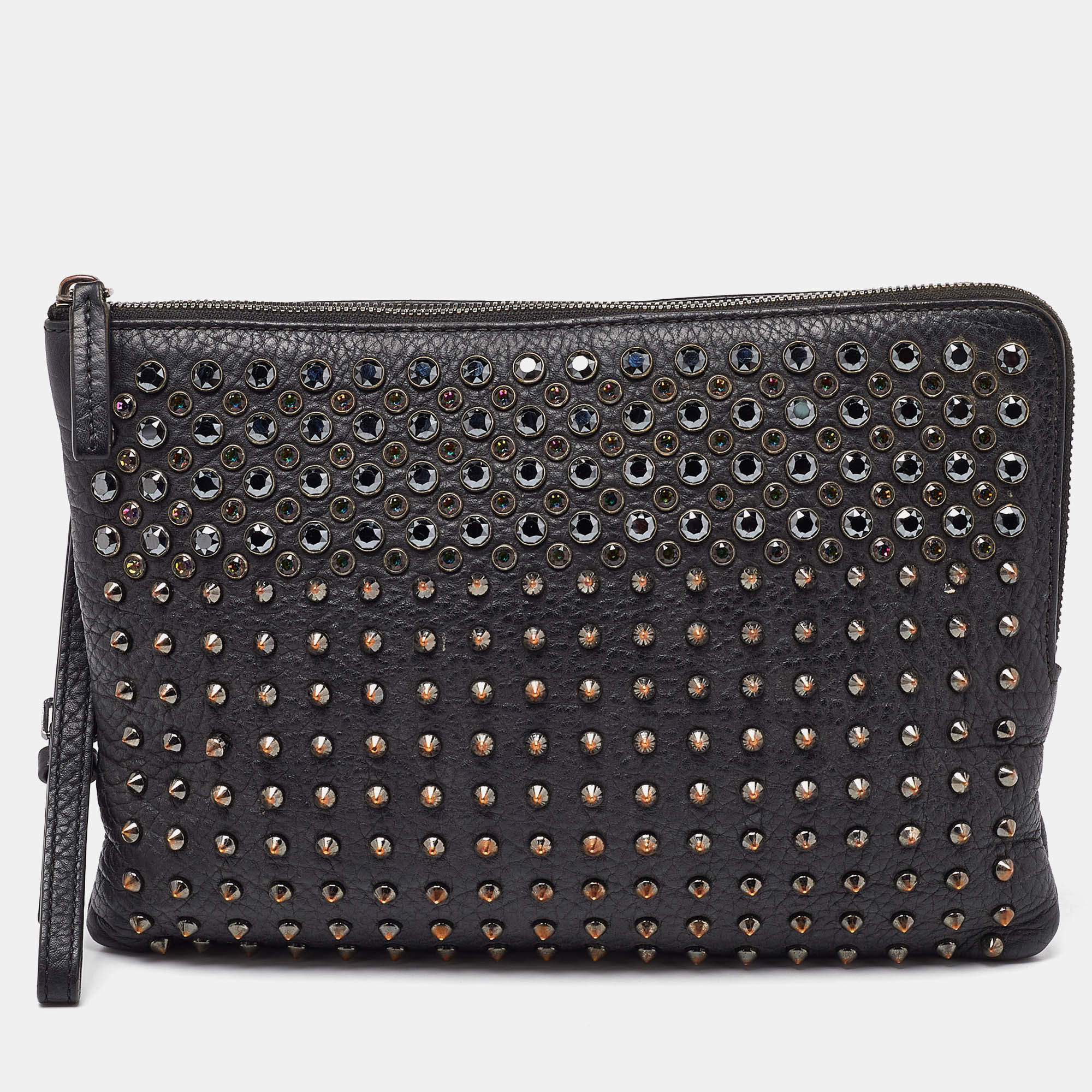 MCM Black Leather Embellished Zip Wristlet Pouch